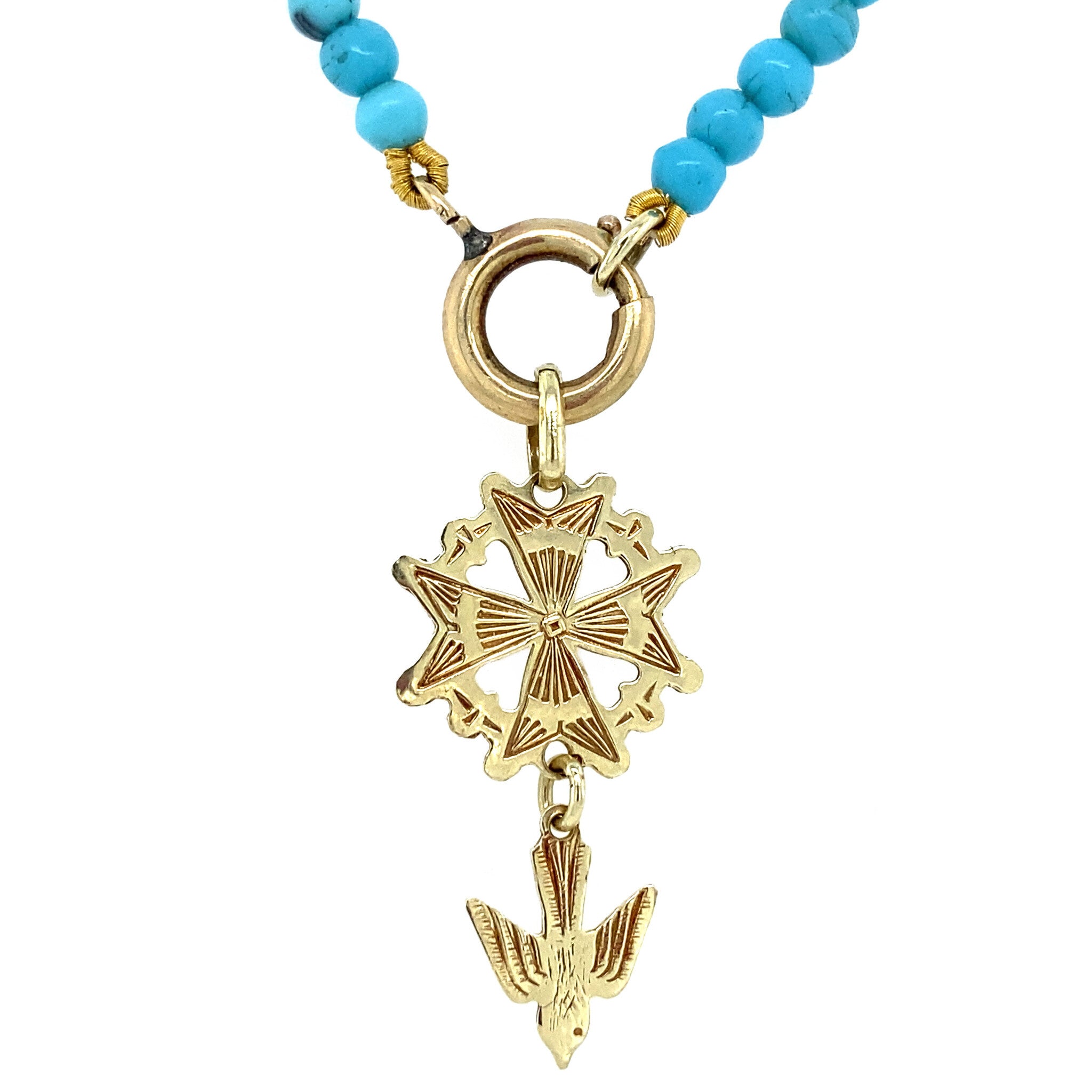 Turquoise necklace with pearl and gold lacing 37.5 cm 14 krt