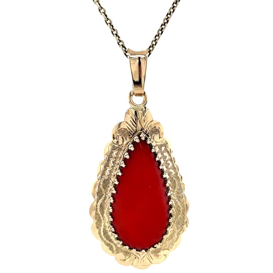 Golden vintage pendant with blood coral 14 kt