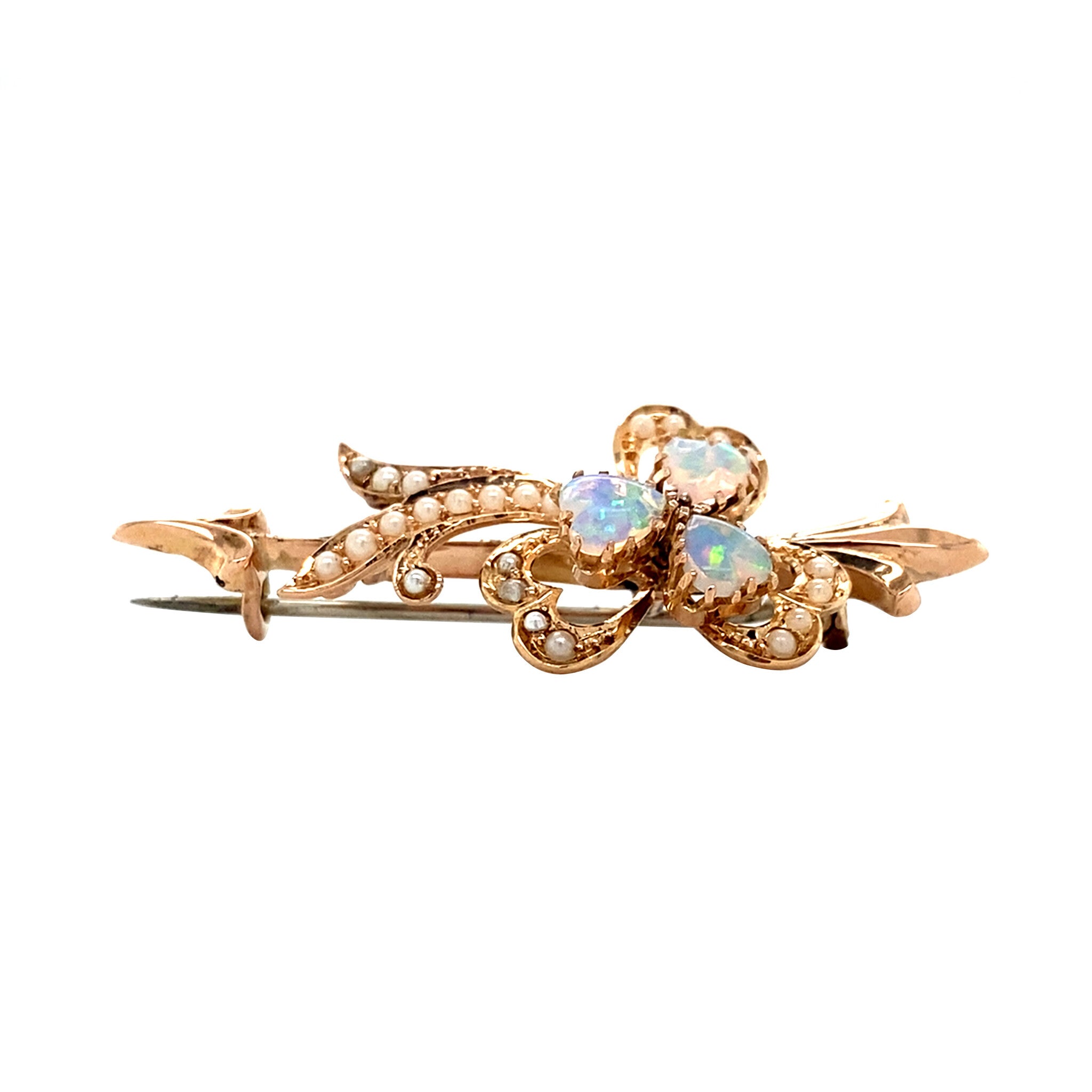 14 kt rose-gold vintage brooch with opal and pearl