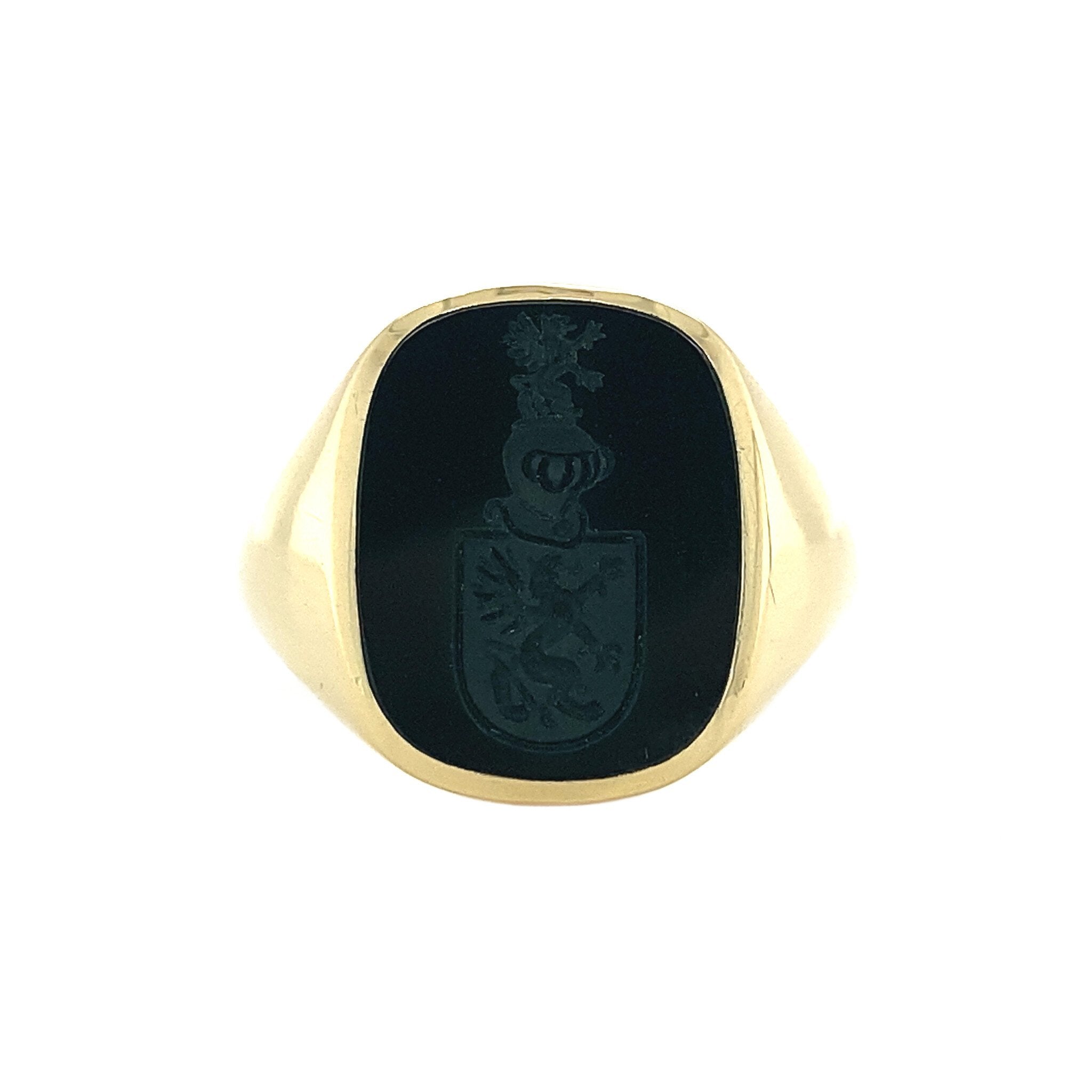 14 kt gold signet ring with green stone inlay
