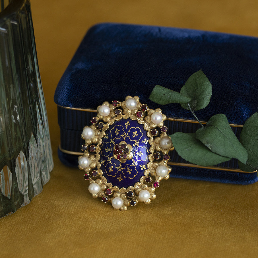 Gouden vintage entourage hanger met emaille, kleursteen en parel 18 kt