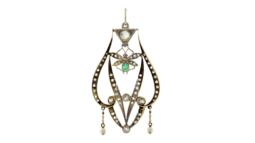 Vintage gouden hanger met diamant en smaragd 14 krt