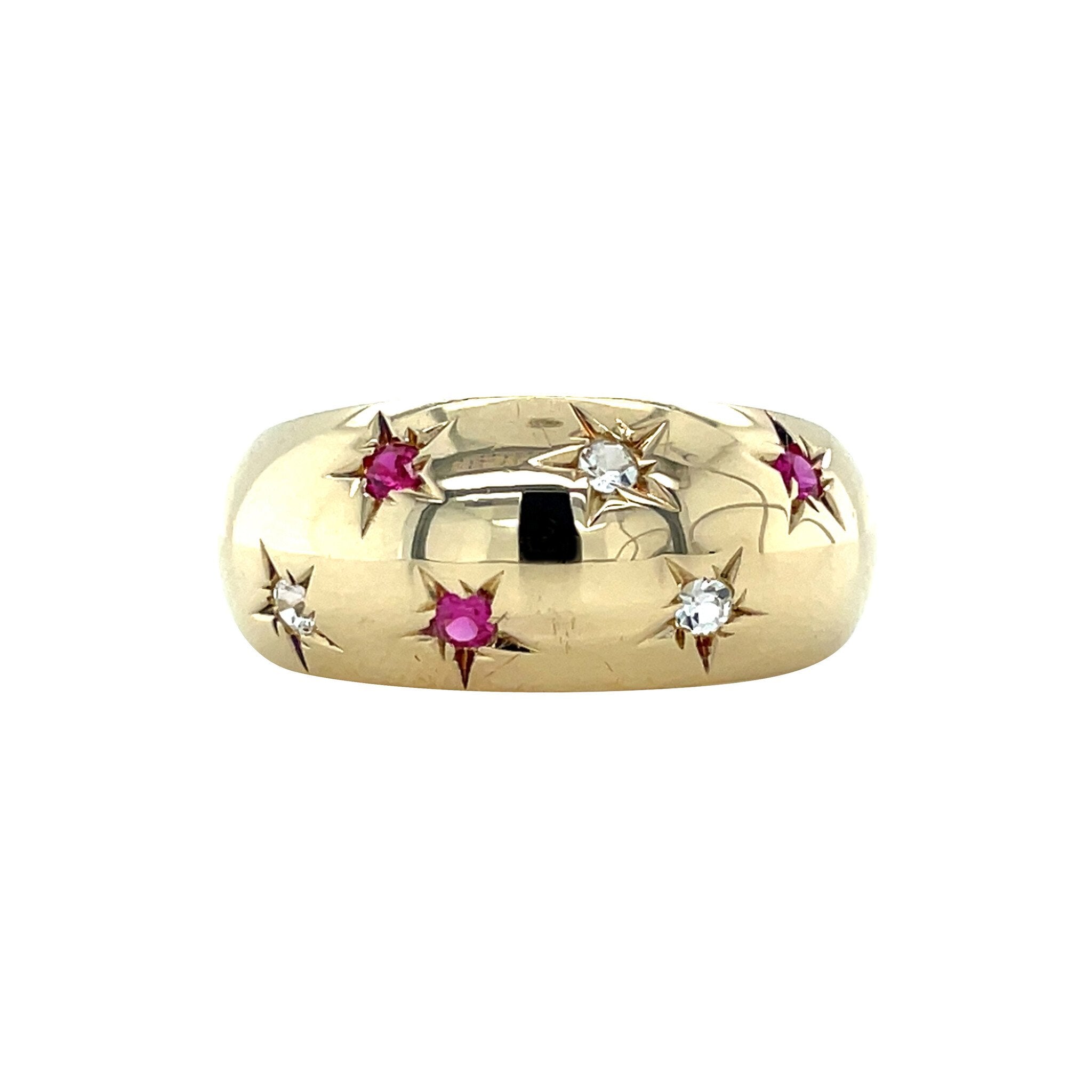 Vintage gold ring with sapphire and ruby, 14 kt