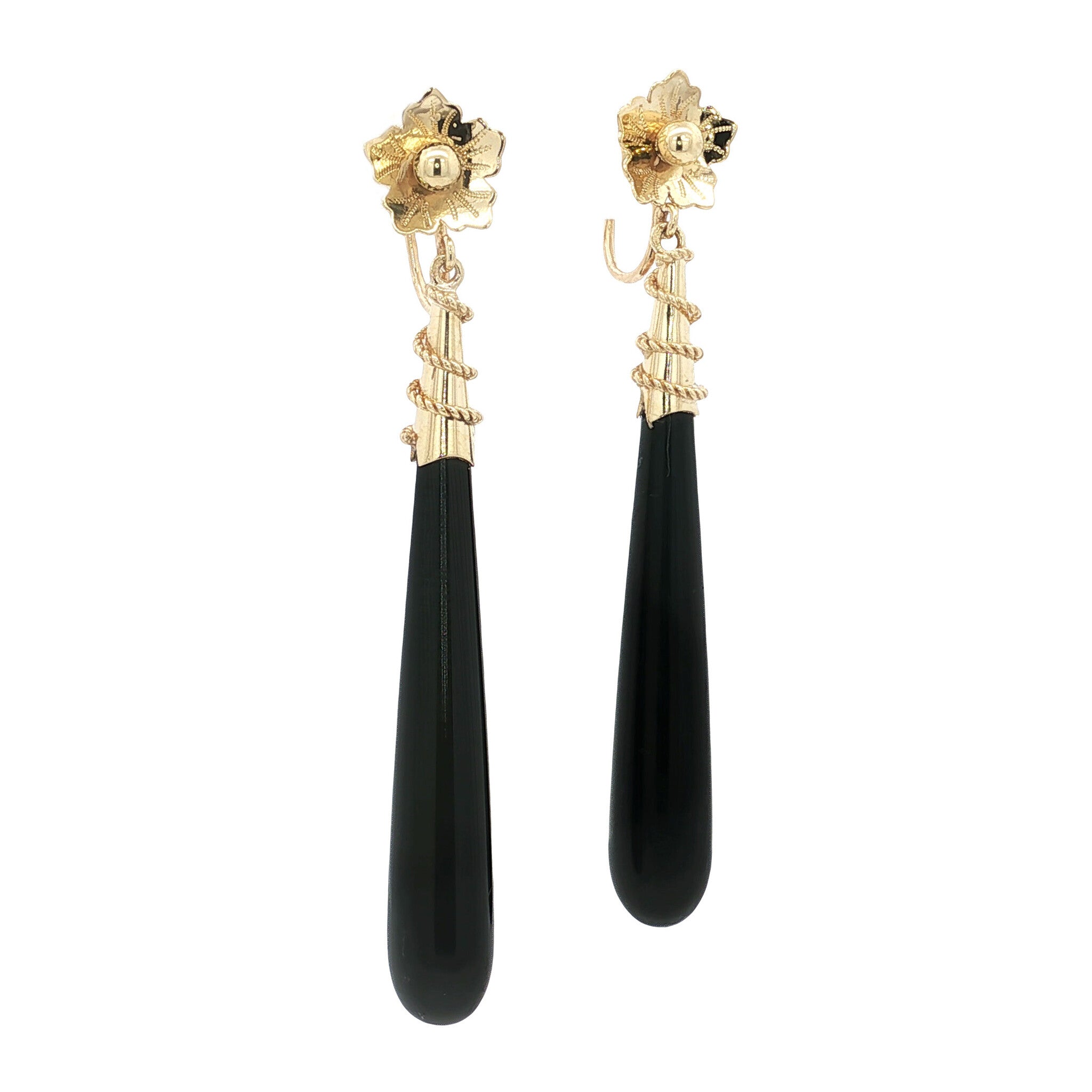 Golden vintage drop earrings with onyx 14 kt