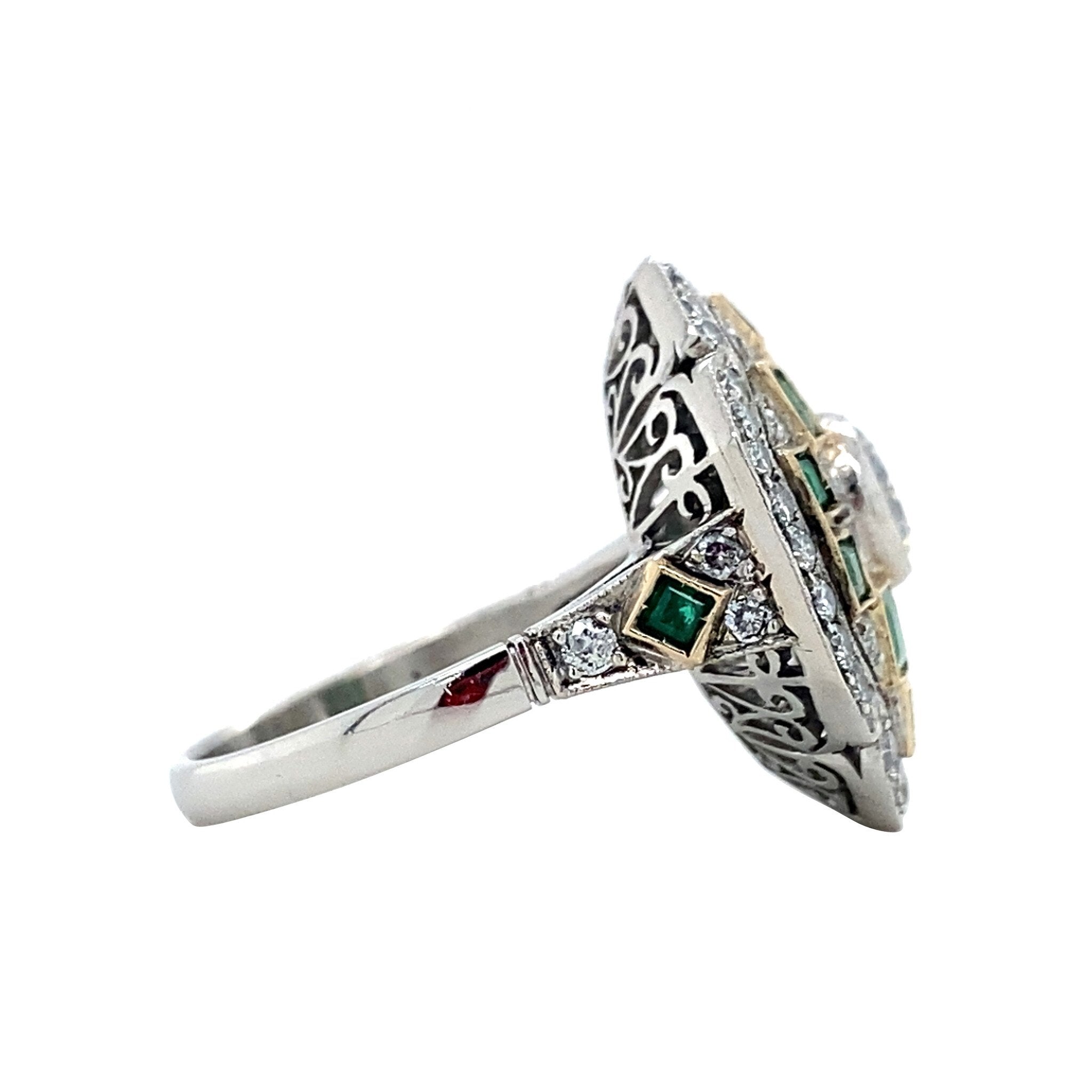 Platina vintage ring met smaragd en diamant 950