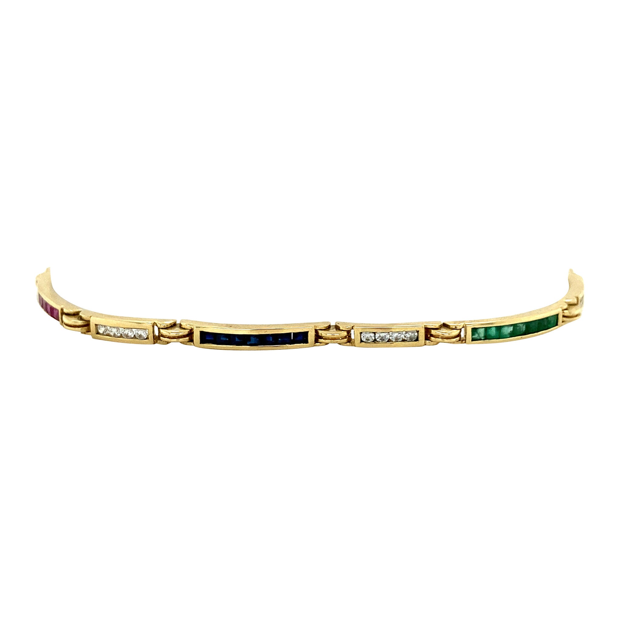 Vintage gold bracelet with sapphire, emerald, ruby and zirconia, 18 cm, 14 kt