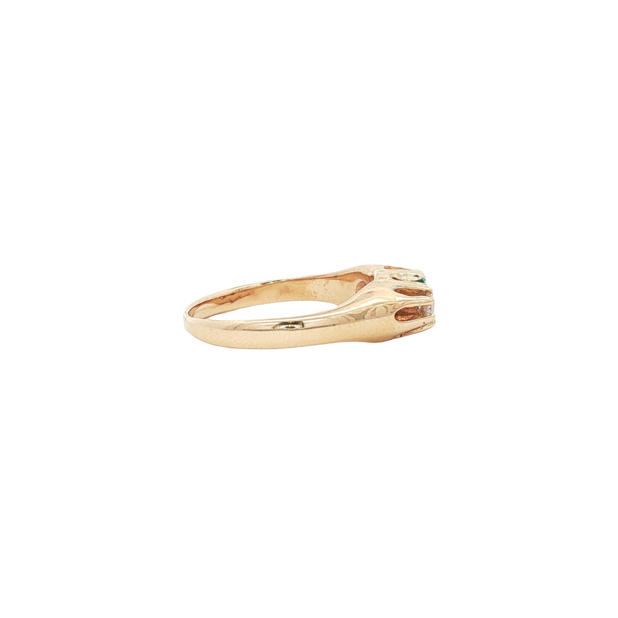 Vintage 14 kt gold trilogy row ring with emerald and diamond.
