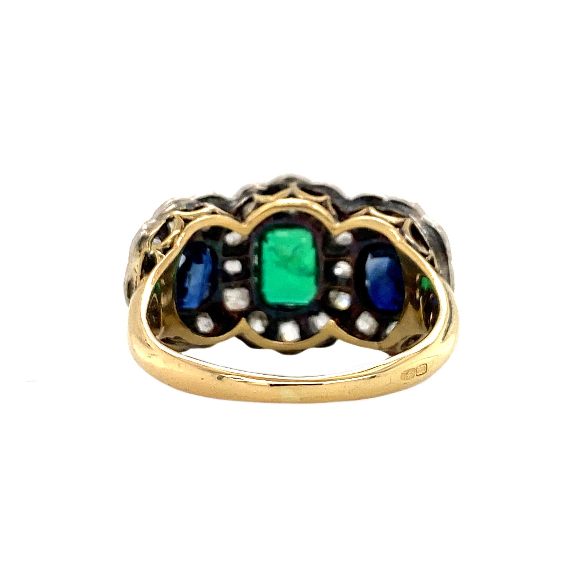 18 kt gold ring with emerald, sapphire and diamond