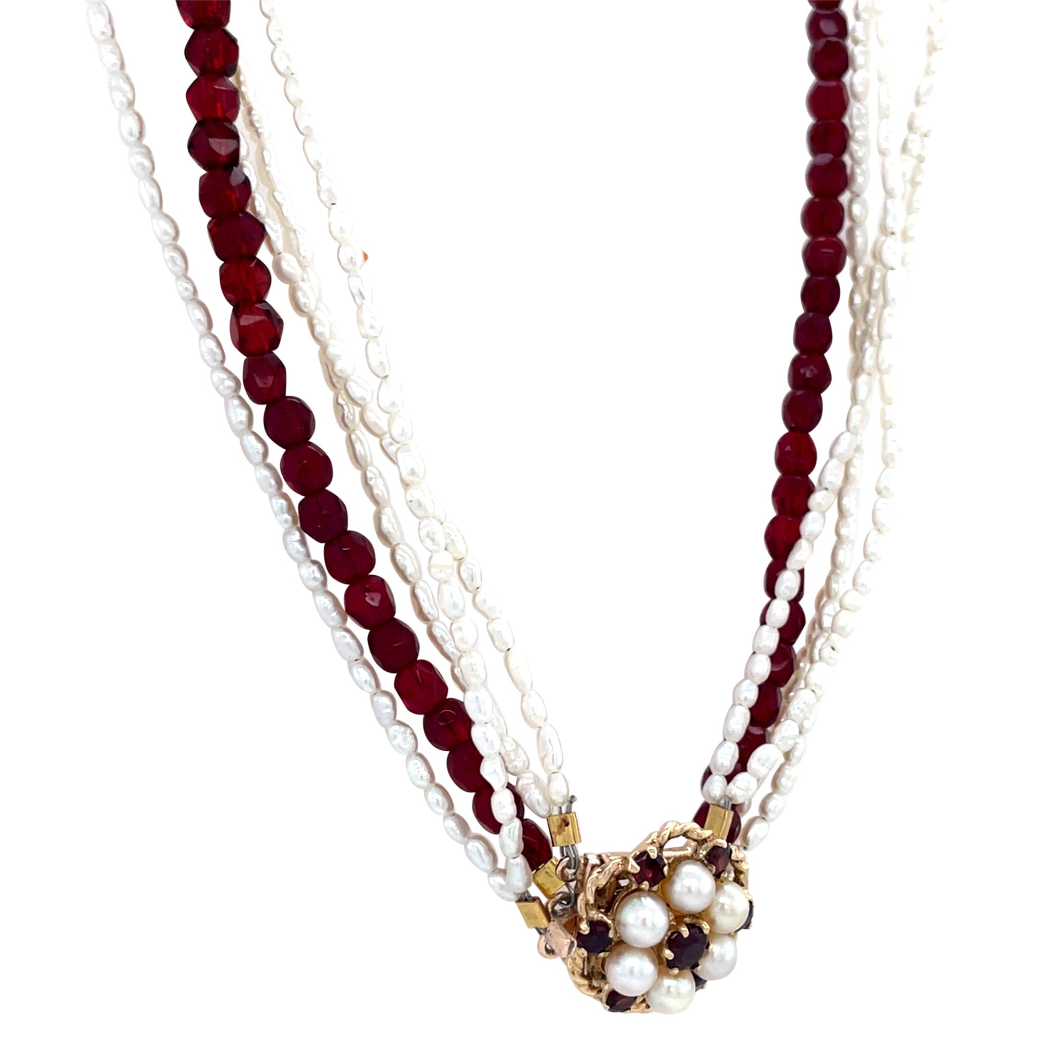 Vintage parel en kleursteen collier met dubbele entourage siersluiting met granaat en parel 9 krt