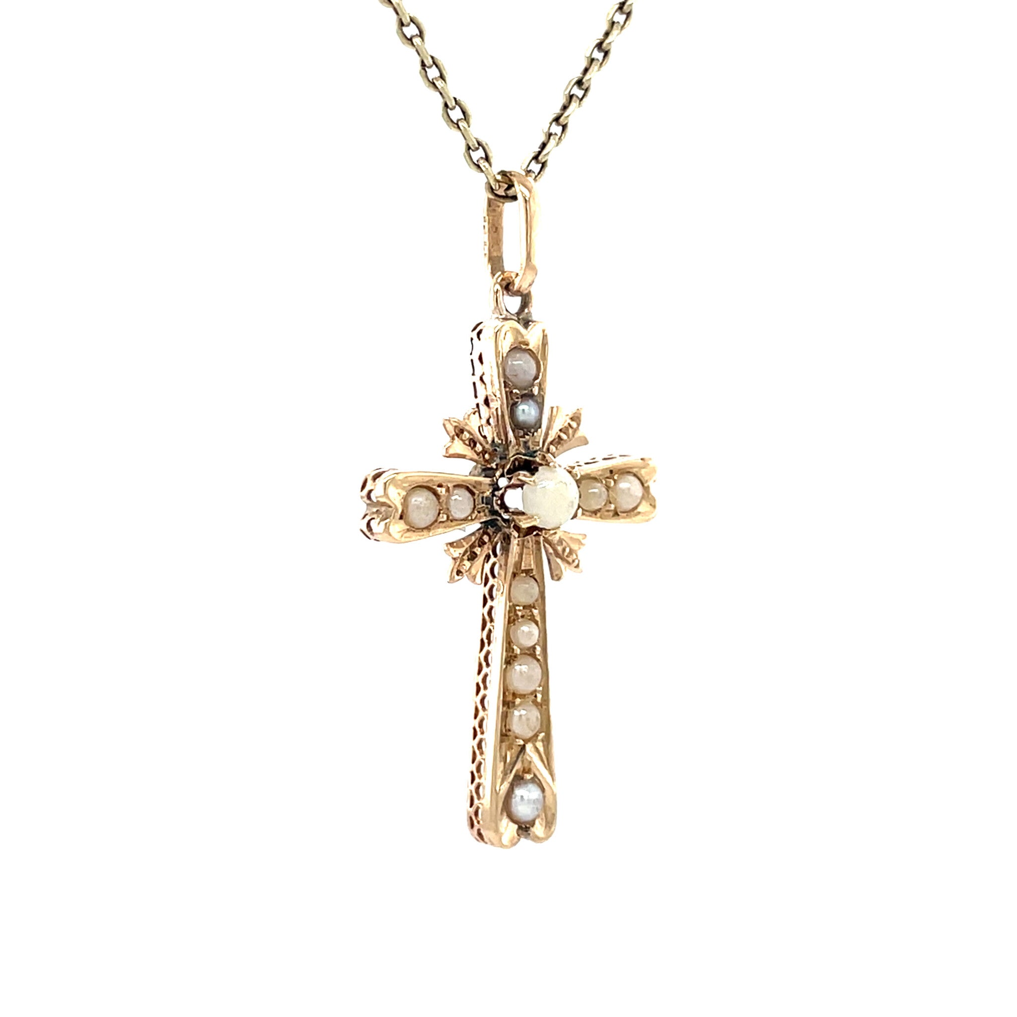 Rose-gold vintage cross pendant with pearl 14 kt
