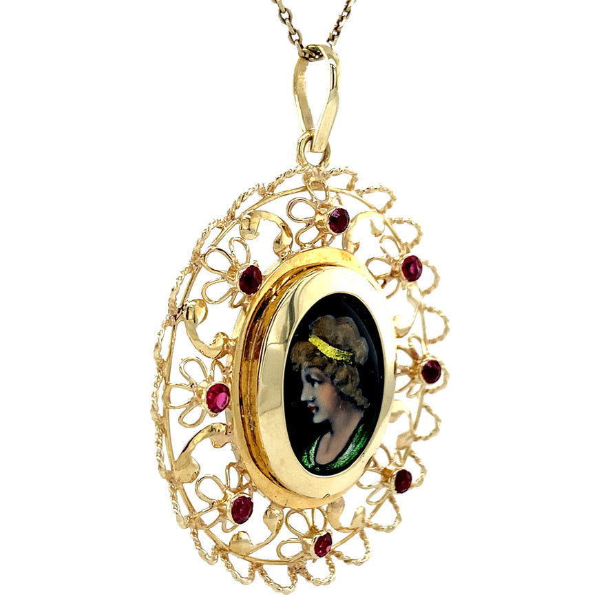 Gouden vintage hanger met emaille en kleursteen 14 krt