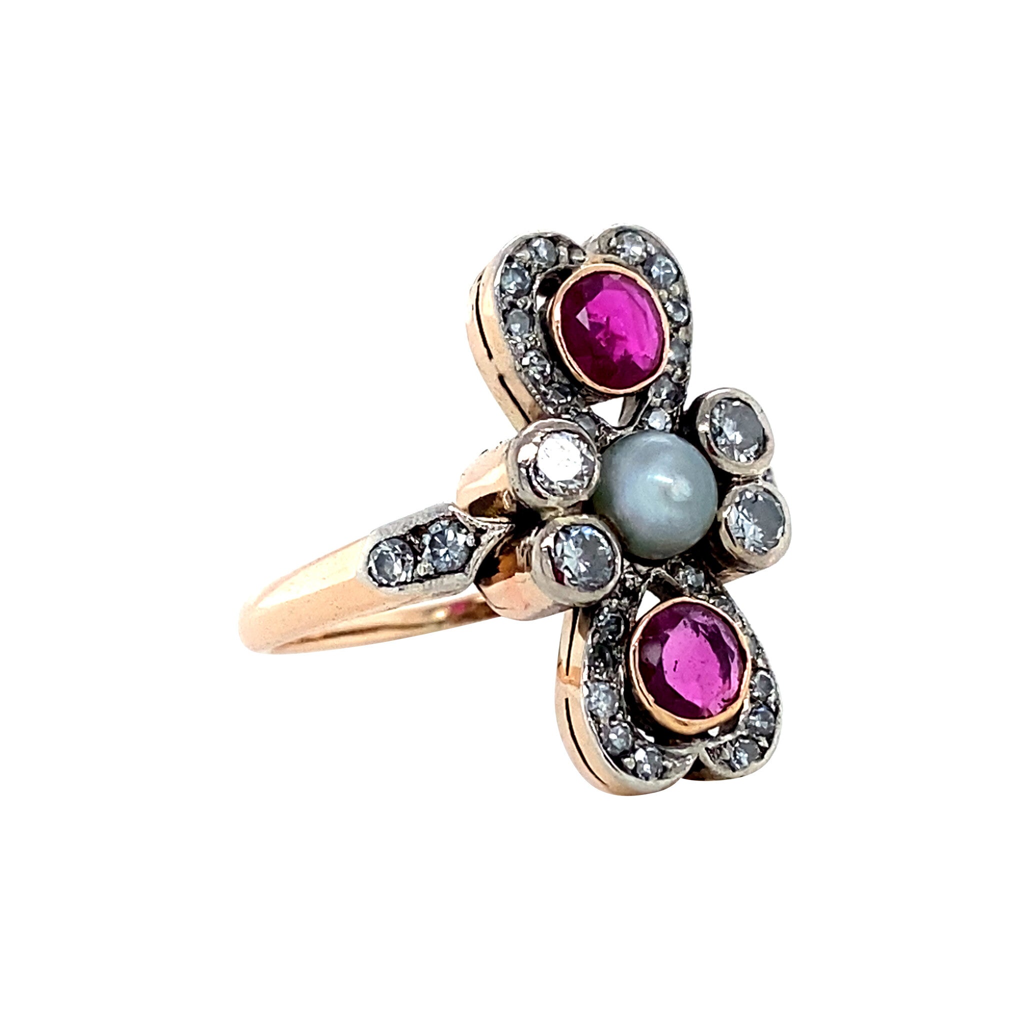 Rose-gold vintage princess ring with ruby, diamond and pearl, 14 kt