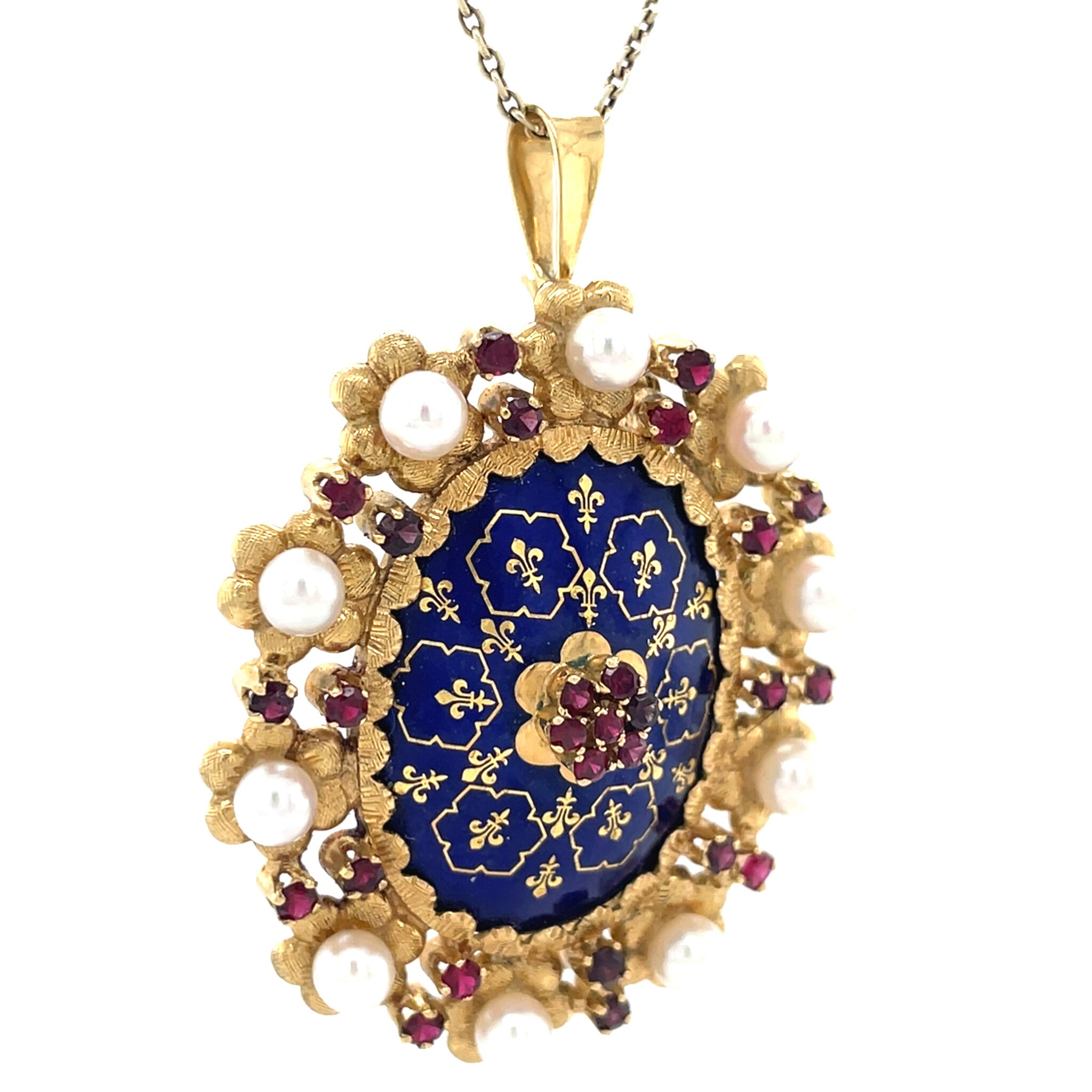 Gouden vintage entourage hanger met emaille, kleursteen en parel 18 kt