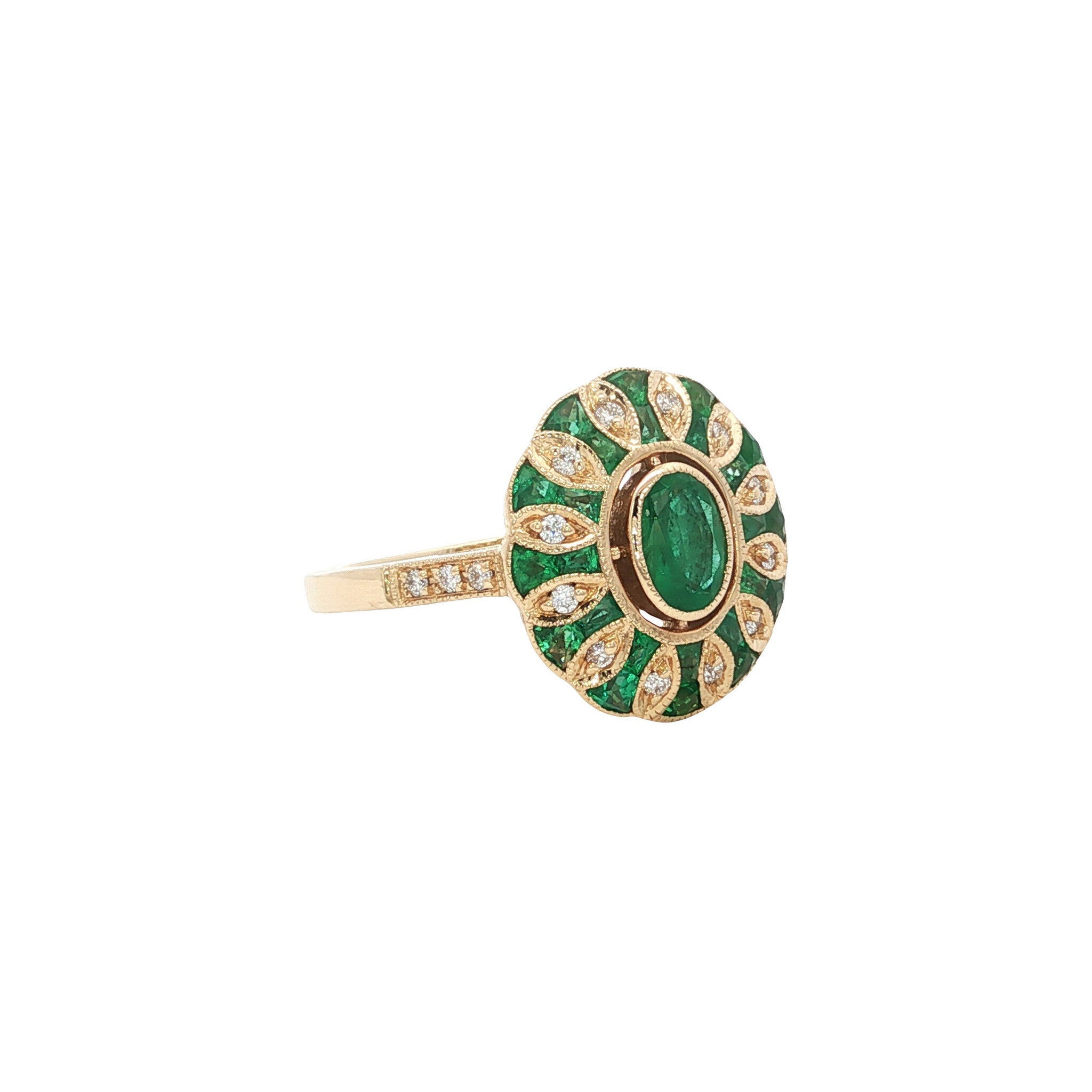 Gold ring with emerald and diamond 14 kt