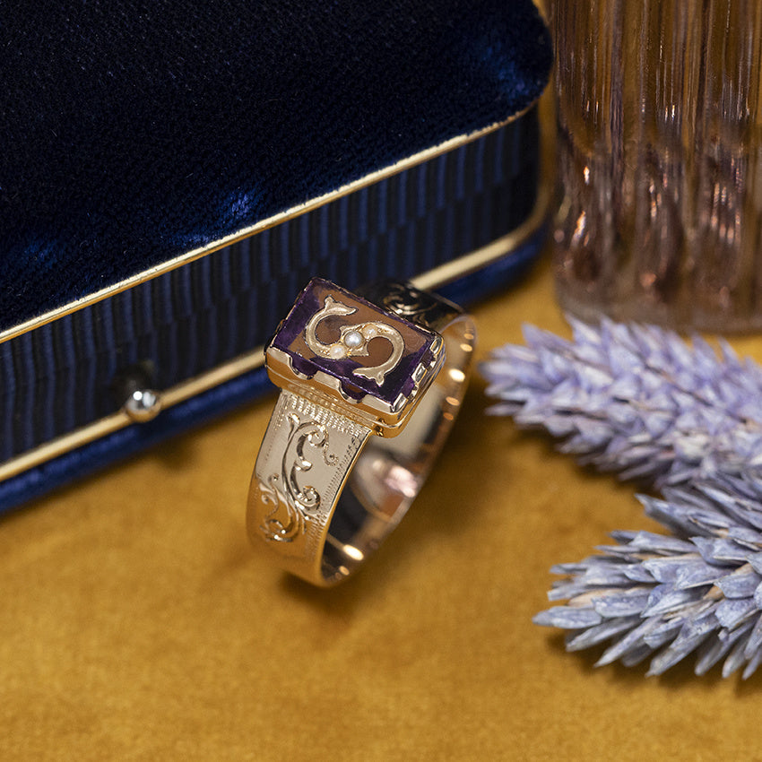 Gouden vintage ring met kleursteen en parel 14 kt