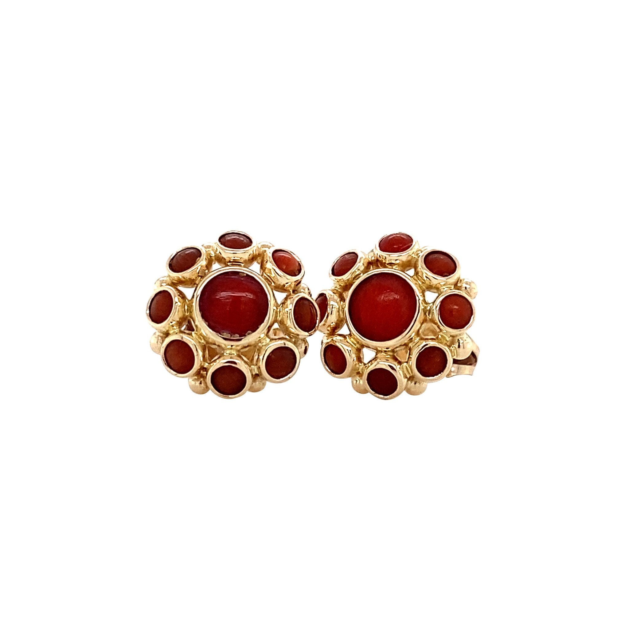 Gold entourage stud earrings with blood coral 14 carat
