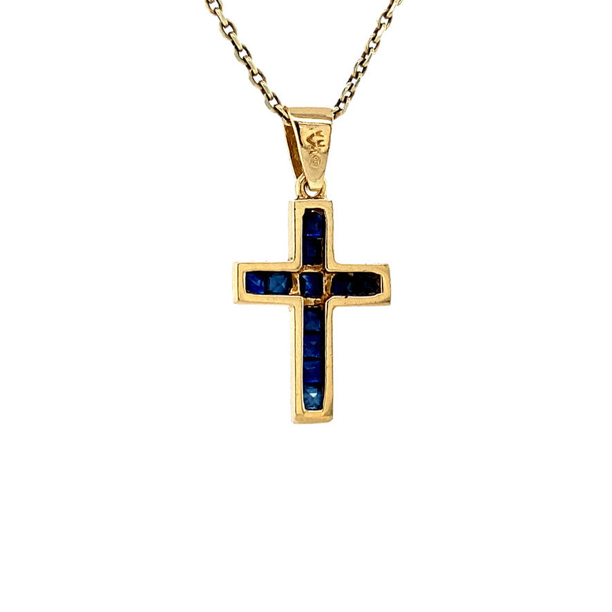 Vintage 18 kt gold cross pendant with sapphire