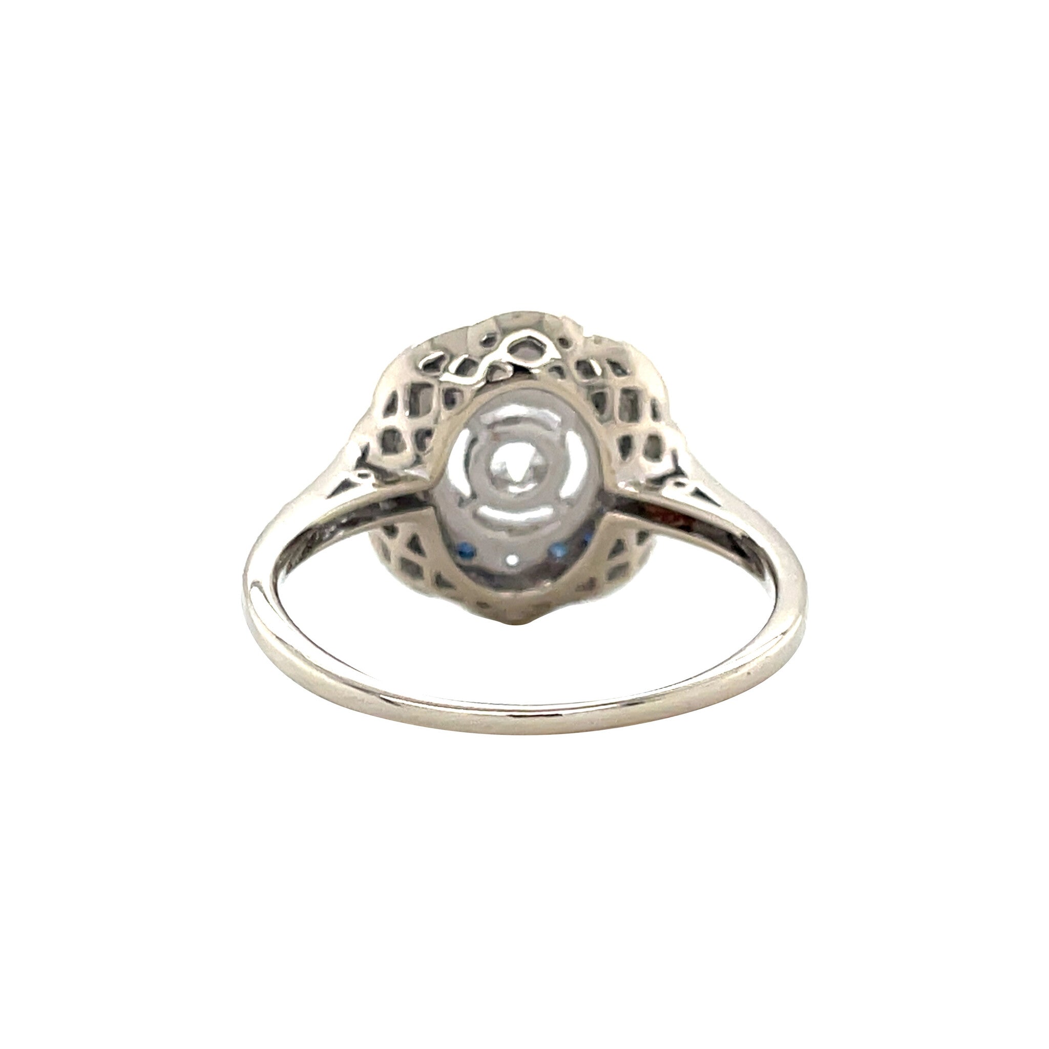 Vintage white gold double halo ring with sapphire and diamond, 14 kt