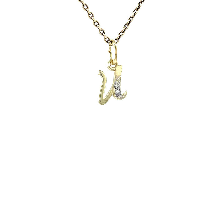 Golden letter U pendant with diamond 14 kt