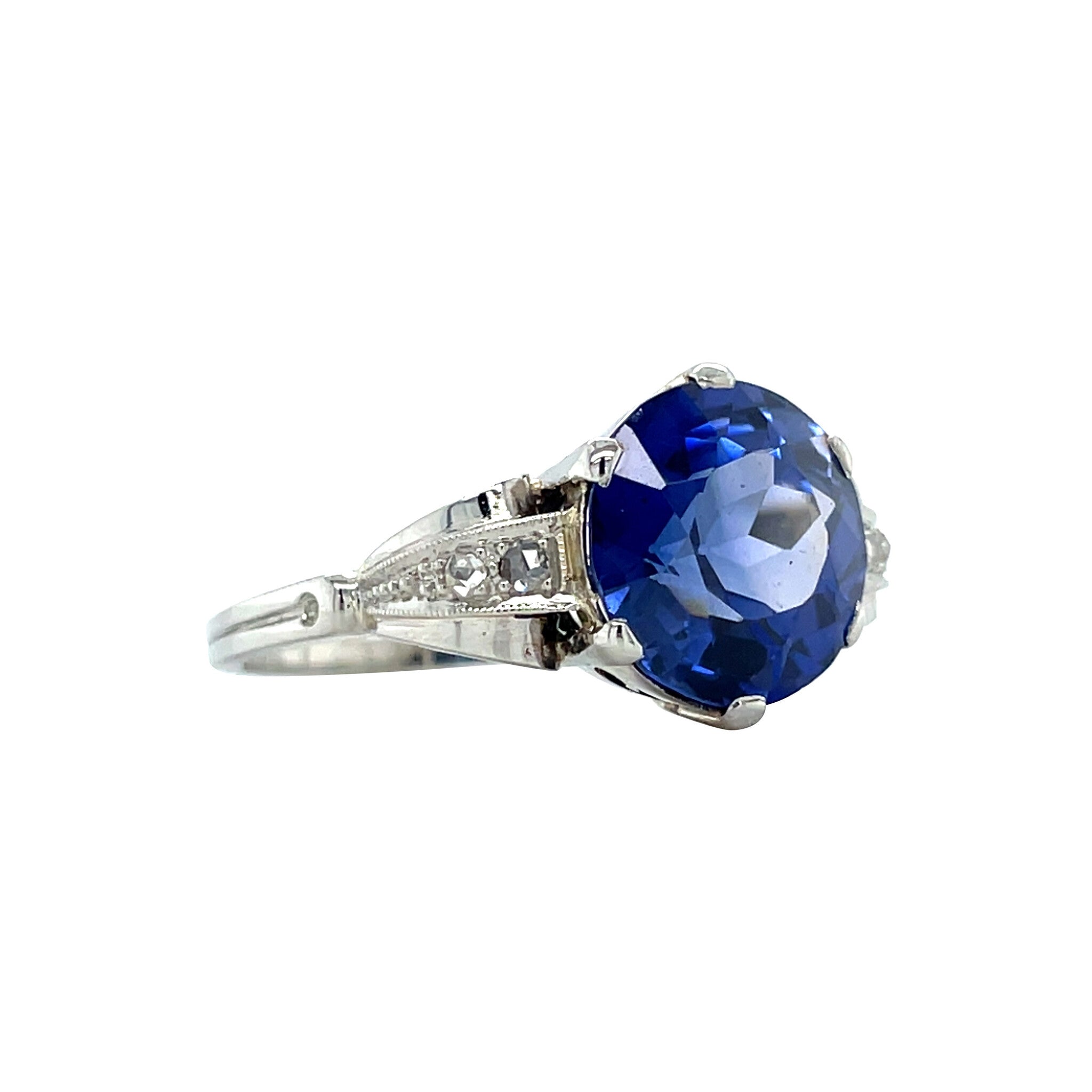 Witgouden vintage ring met saffier en diamant 14 krt