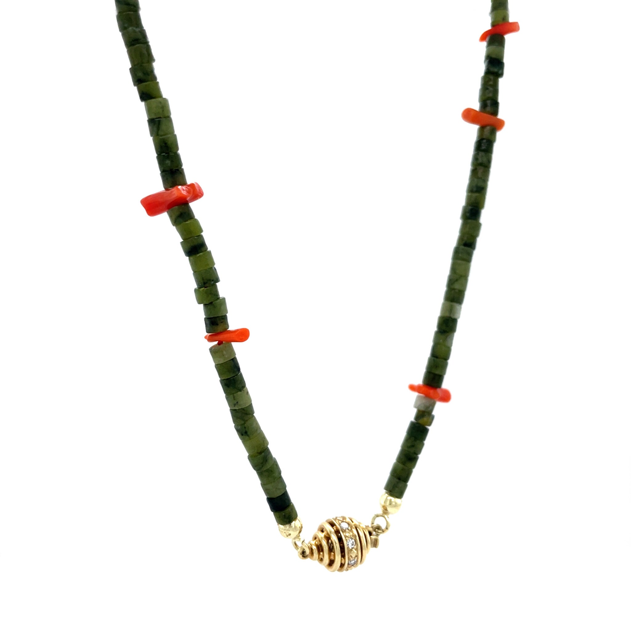 Vintage jade met bloedkoraal collier met sluiting met diamant 14 kt