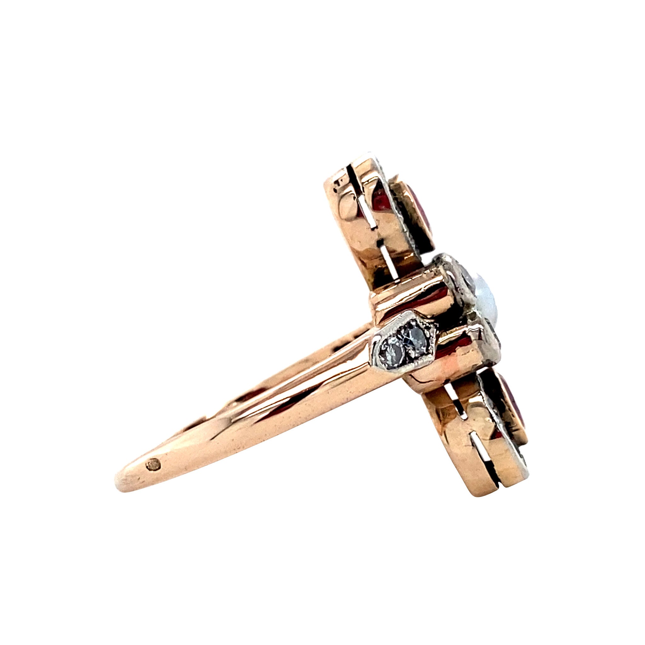 Rose-gold vintage princess ring with ruby, diamond and pearl, 14 kt