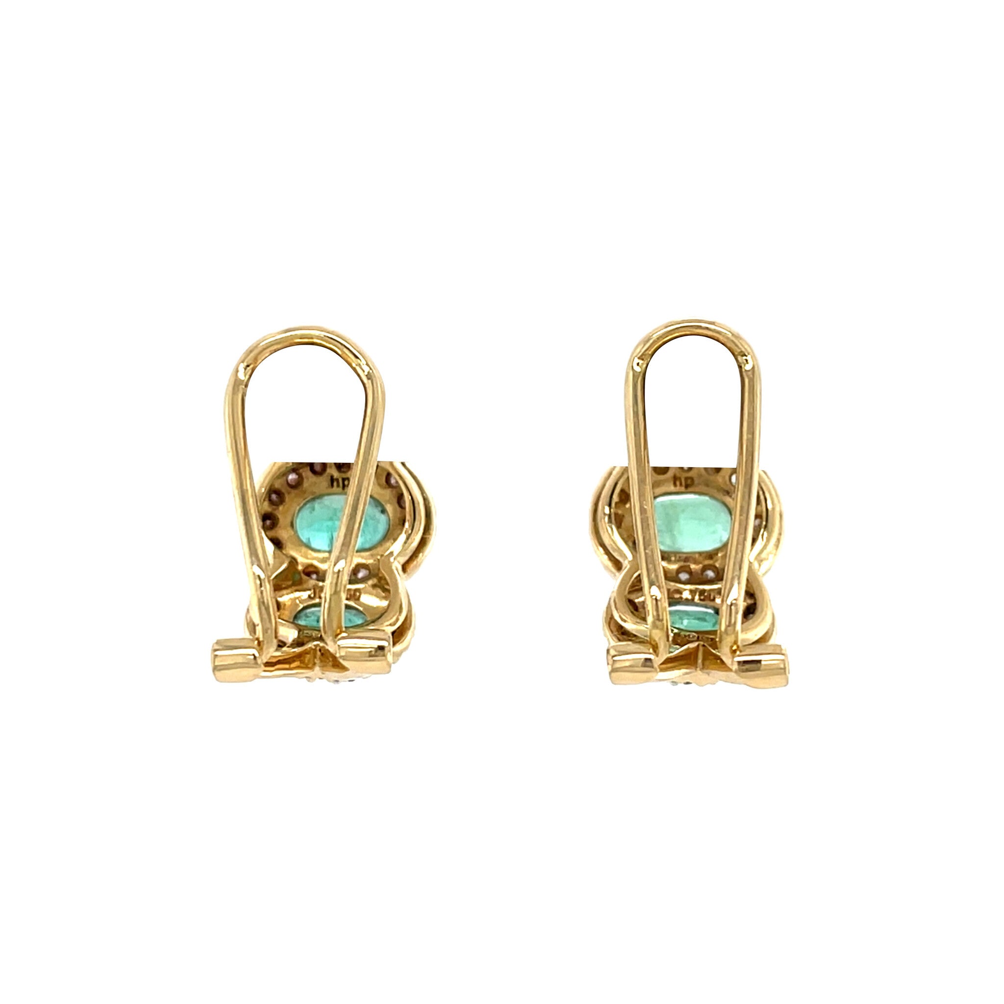 Gouden vintage entourage oorstekers met smaragd en diamant 18 krt
