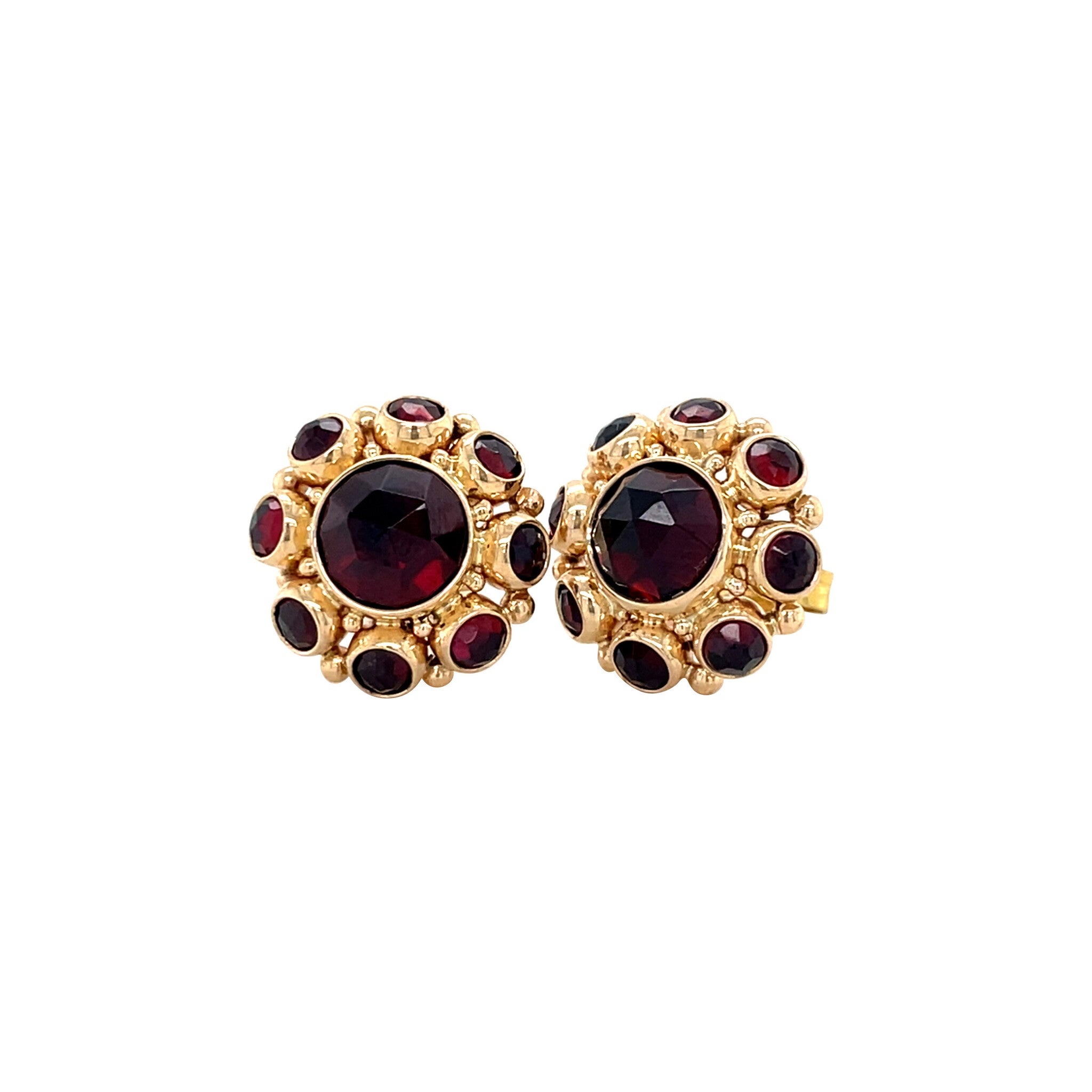 14 kt gold vintage entourage stud earrings with garnet