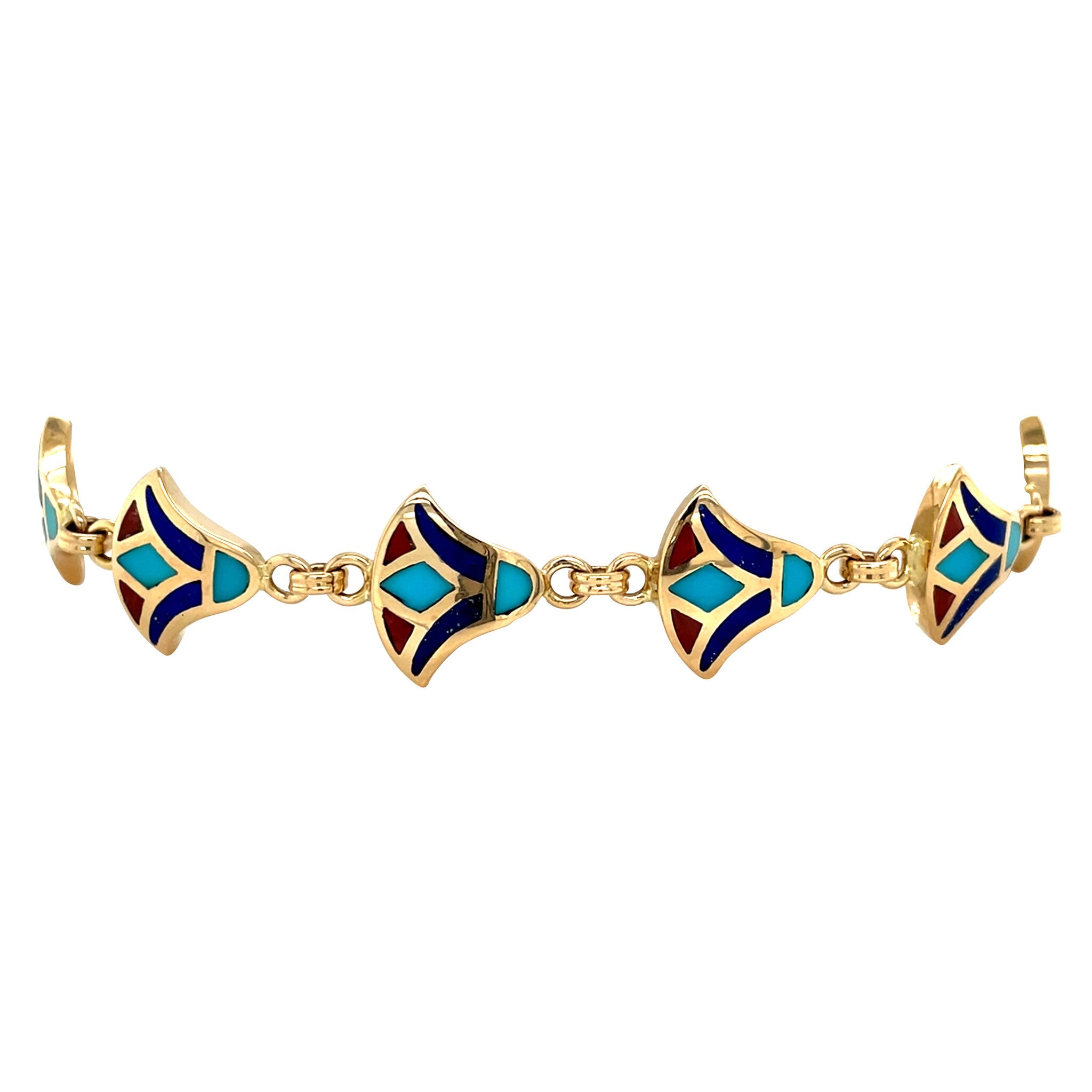 Gouden vintage armband met turkoois, bloedkoraal en lapis lazuli 18 kt