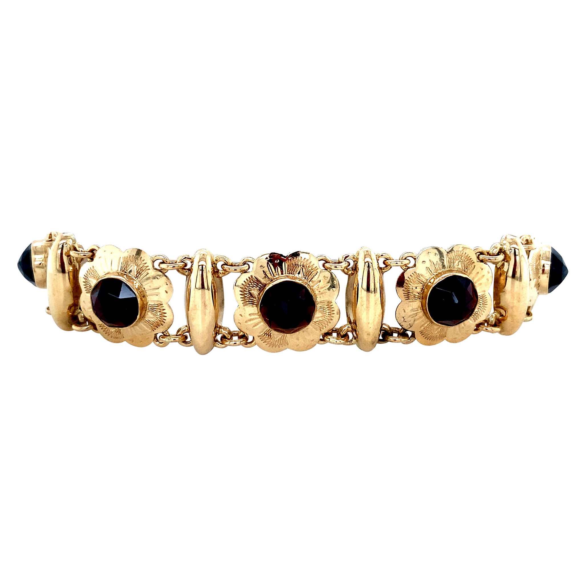 Gouden vintage bootjes armband met granaat 14 krt