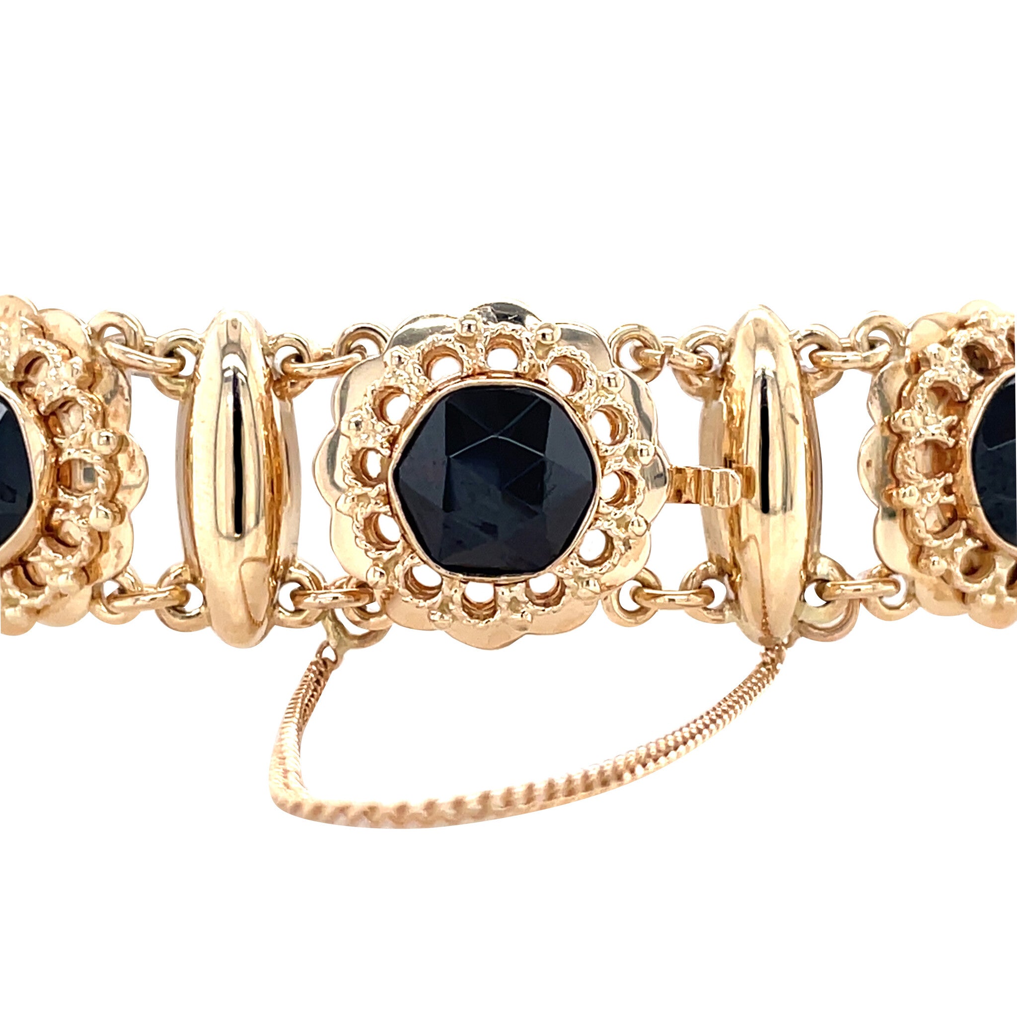 Gouden vintage bootjes armband met granaat 14 krt