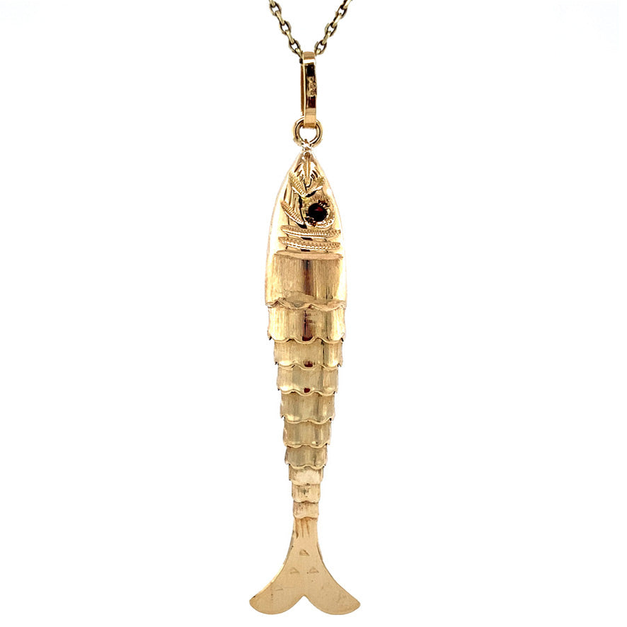 Vintage gold fish pendant with colored gemstone, 14 kt