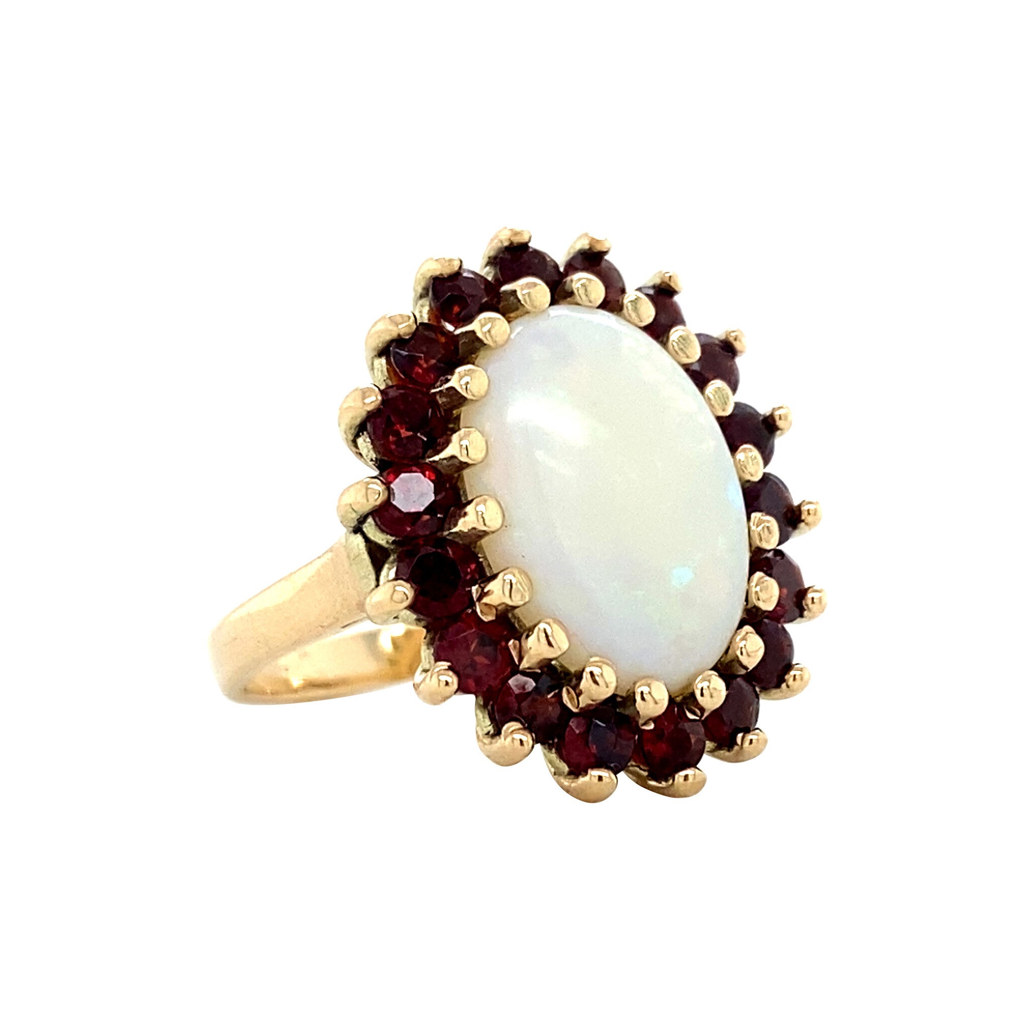 Gouden entourage ring met opaal en granaat 14 krt