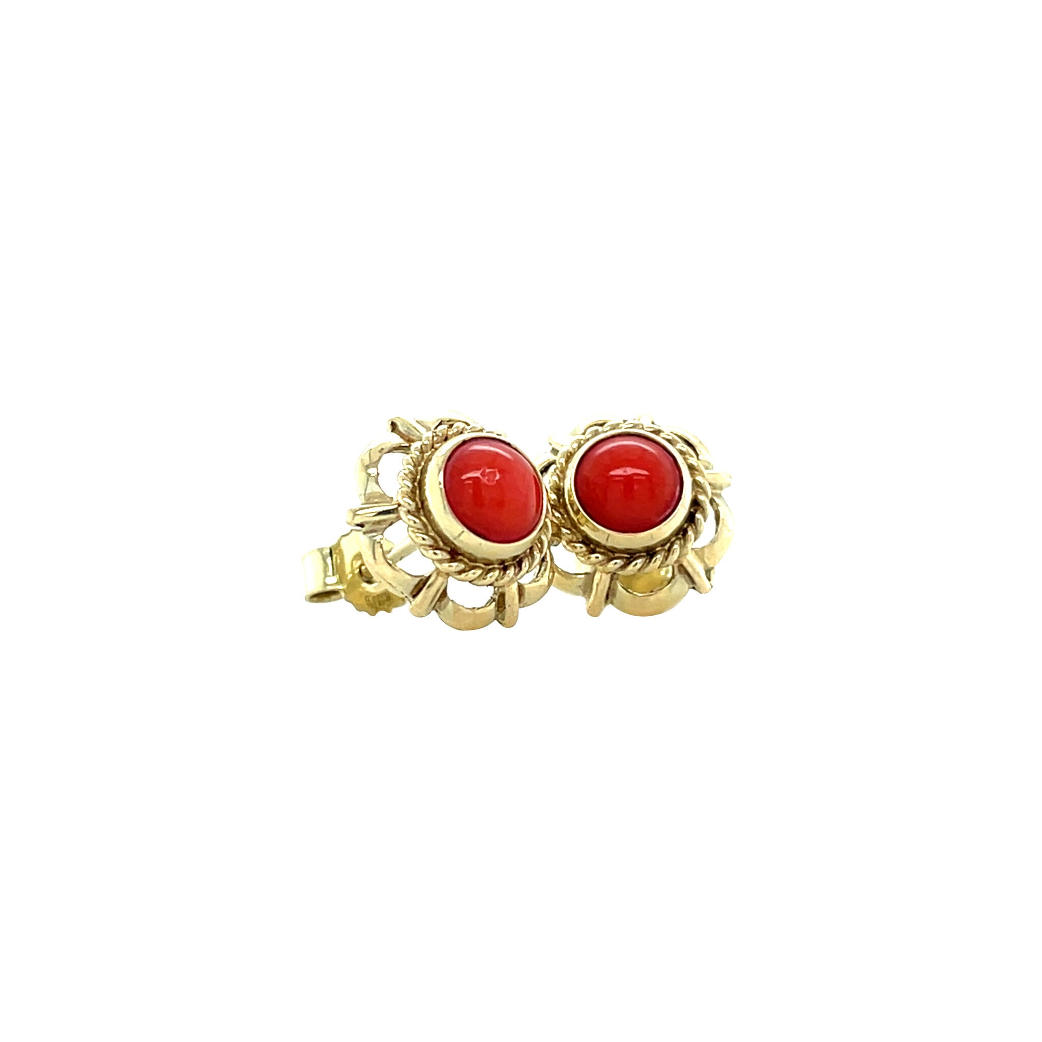 Gouden vintage oorstekers met bloedkoraal 14 krt