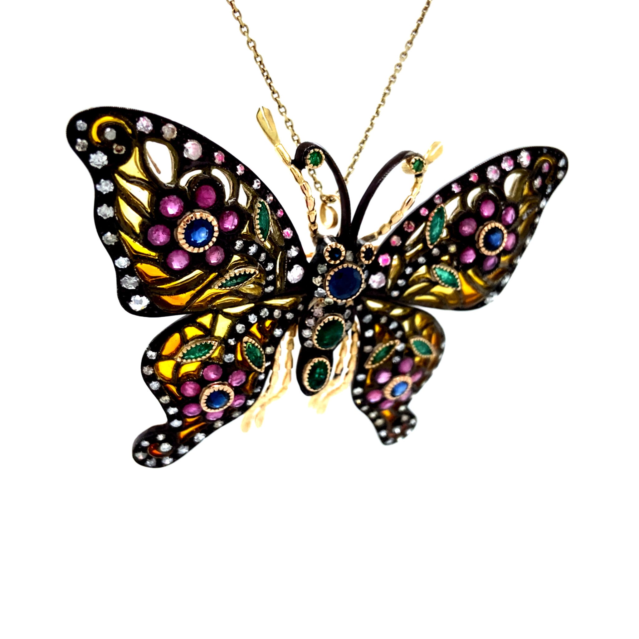 Vintage gold butterfly pendant with sapphire, emerald, ruby, enamel and diamond 14 kt/925