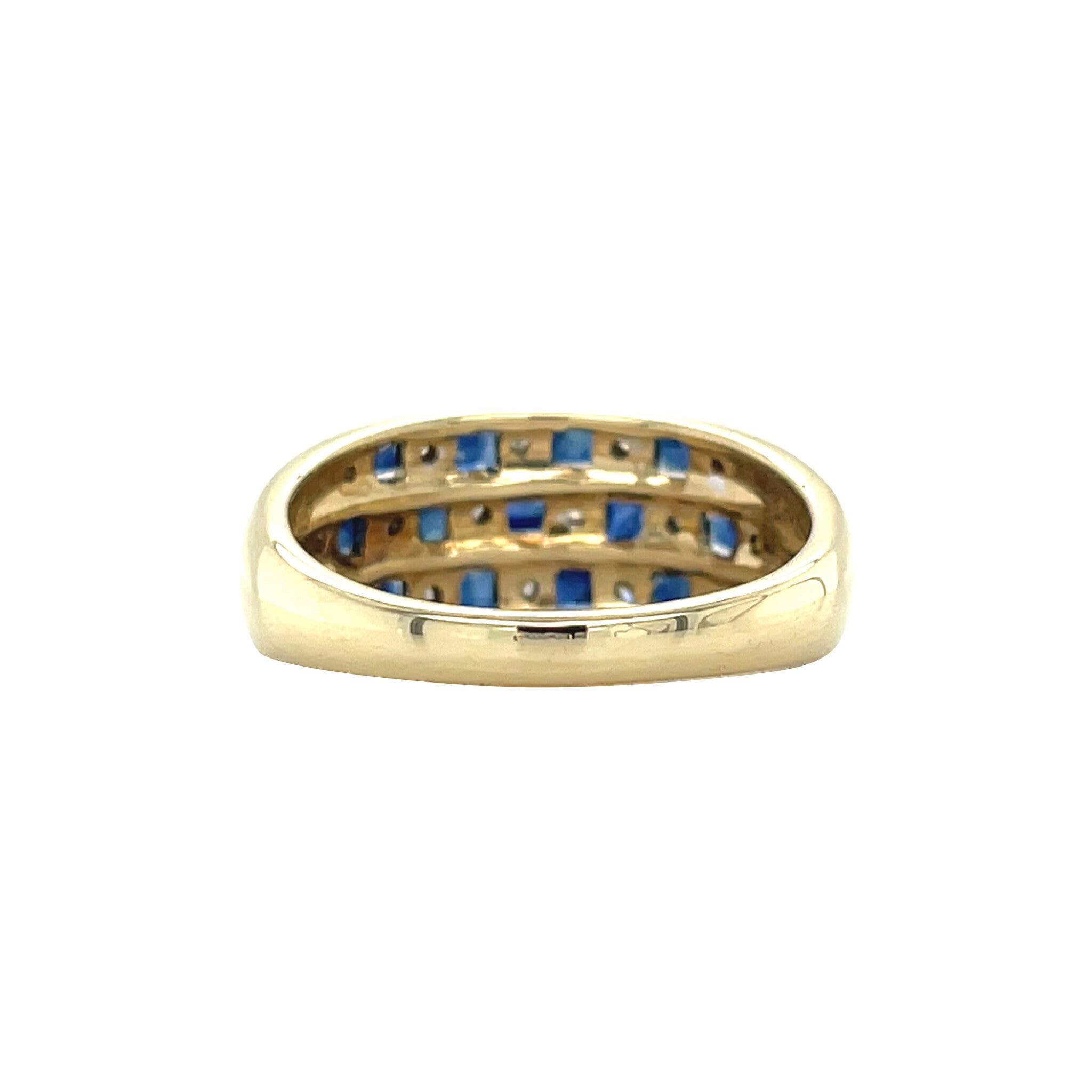 Vintage gold row ring with sapphire and diamond, 14 kt