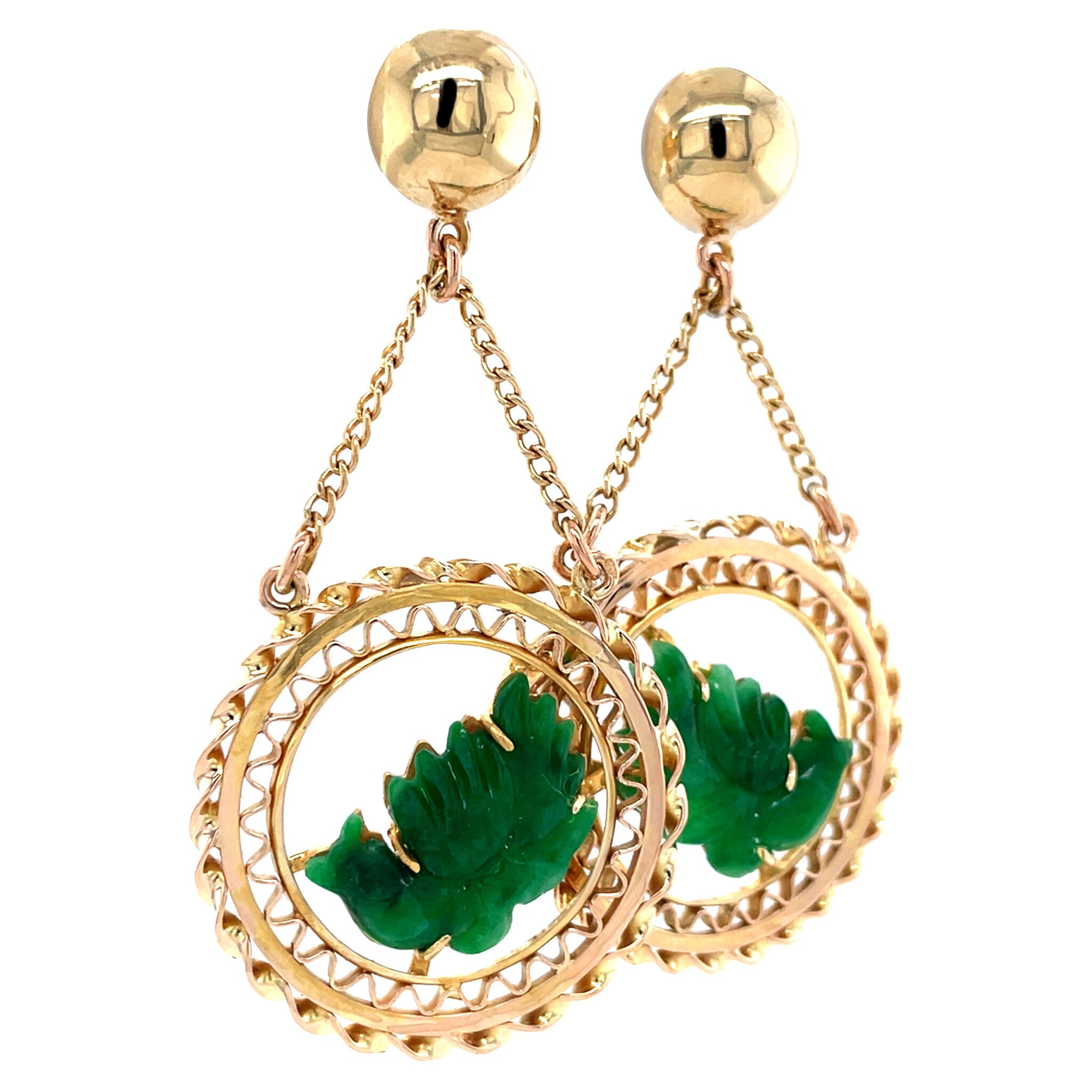 Gold vintage ear pendants with jade 14 kt