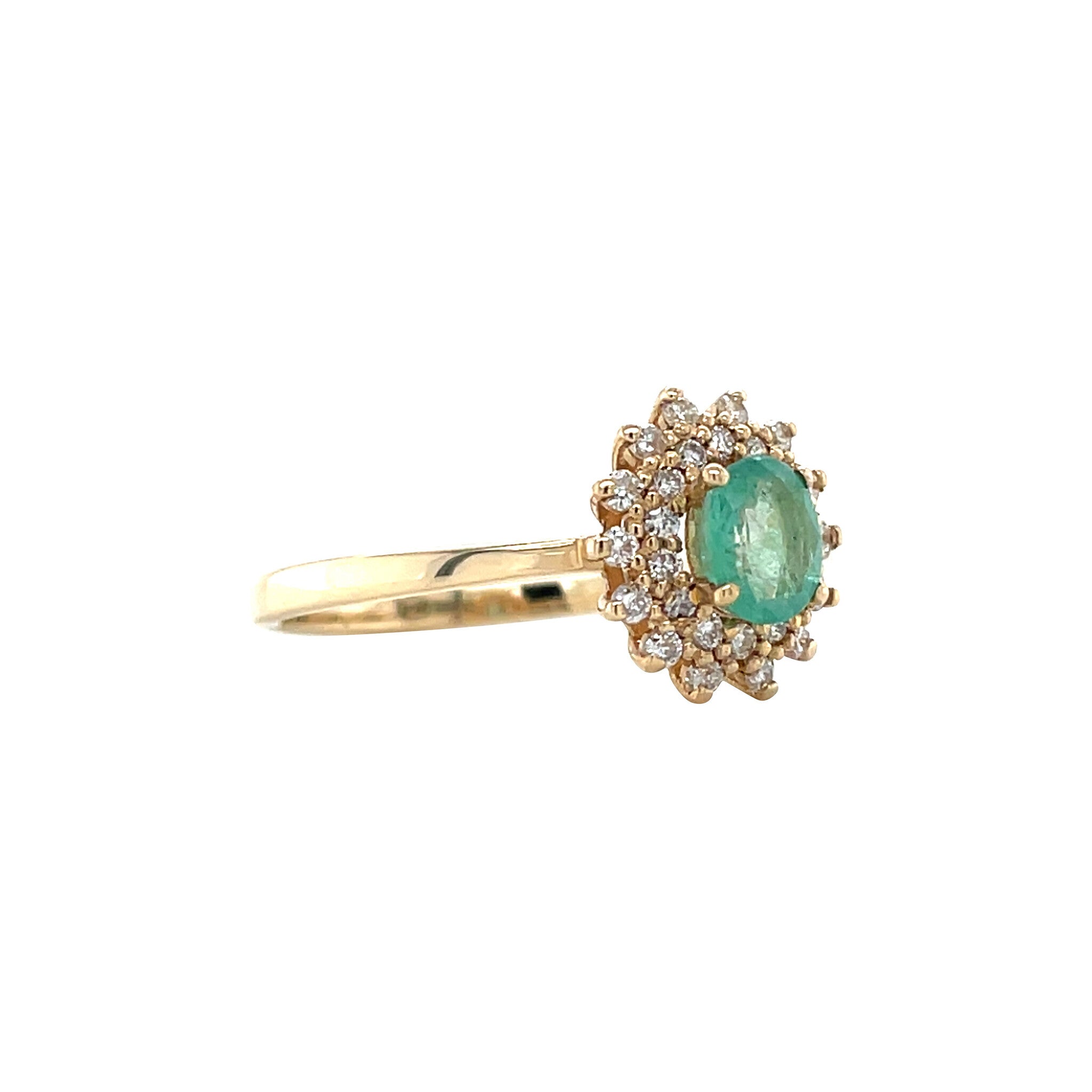 Gouden vintage dubbele entourage ring met smaragd en diamant 14 krt