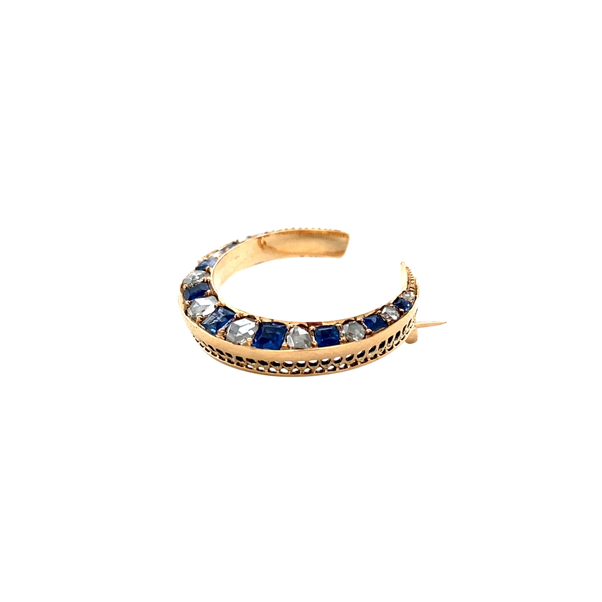 Golden moon brooch with sapphire and rose diamond 14 kt