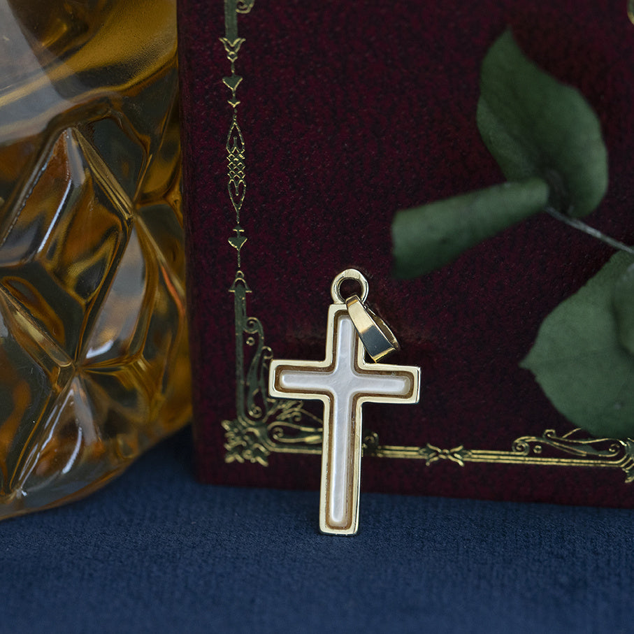 Gold vintage cross pendant with mother-of-pearl 14 kt