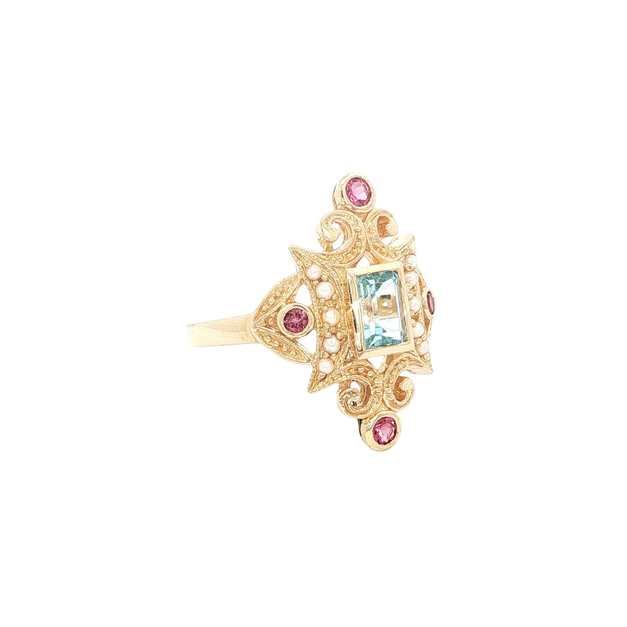Gold ring with topaz, tourmaline and pearl 14 kt