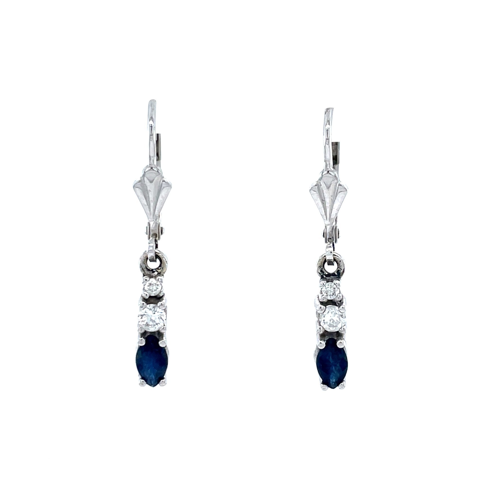 Vintage white gold drop earrings with sapphire and diamond, 14 kt