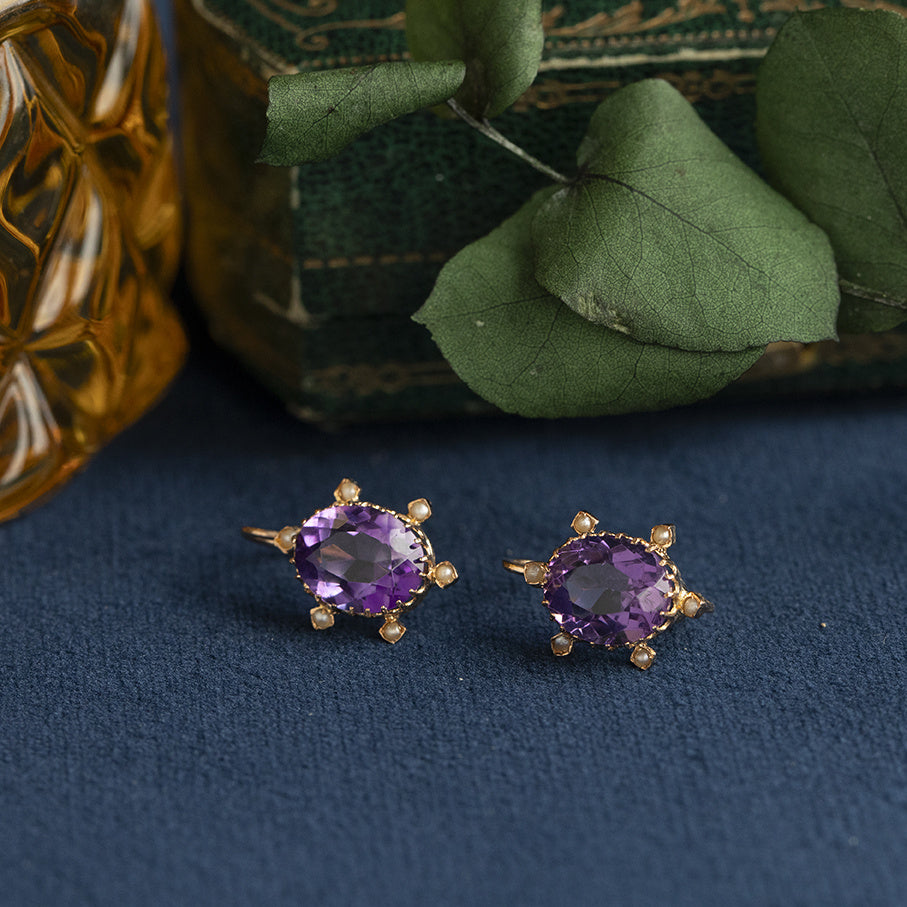 Roségouden vintage oorhangers met amethist en parel 8 krt