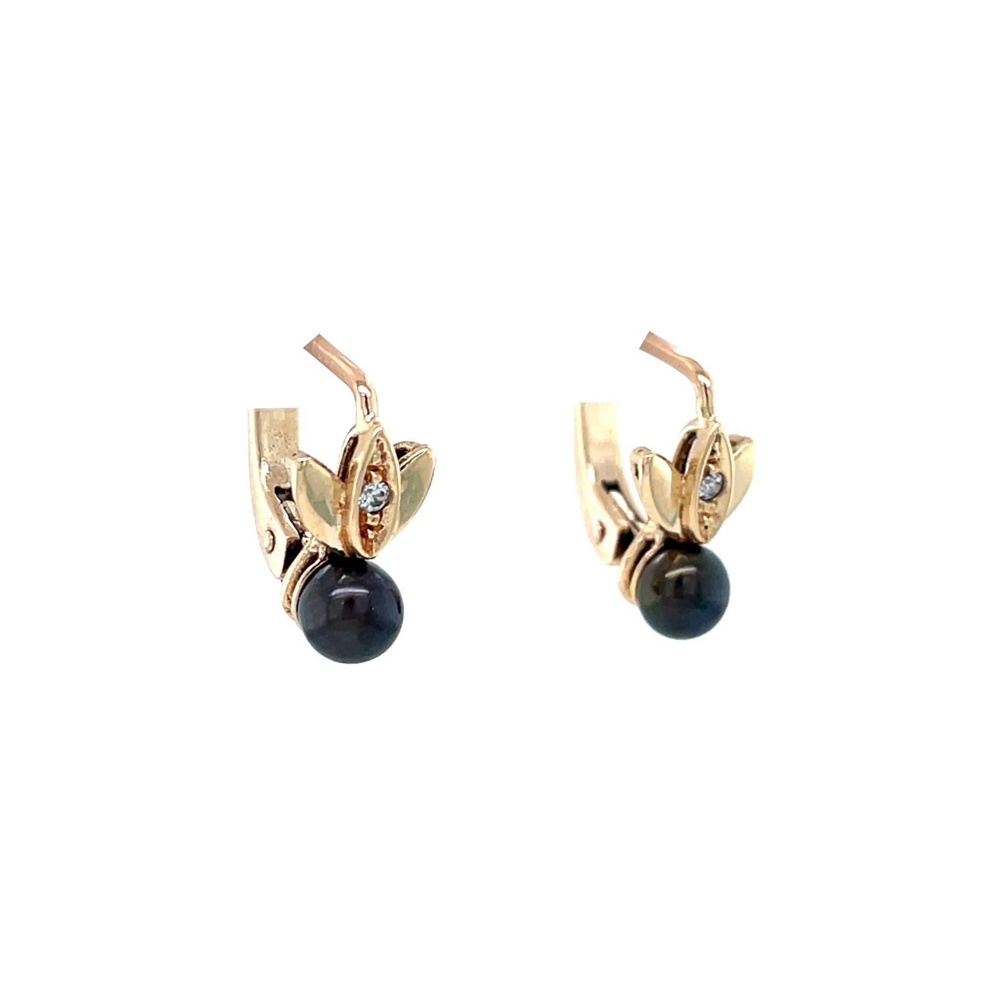 Vintage gold dangle earrings with pearl and zirconia, 14 kt
