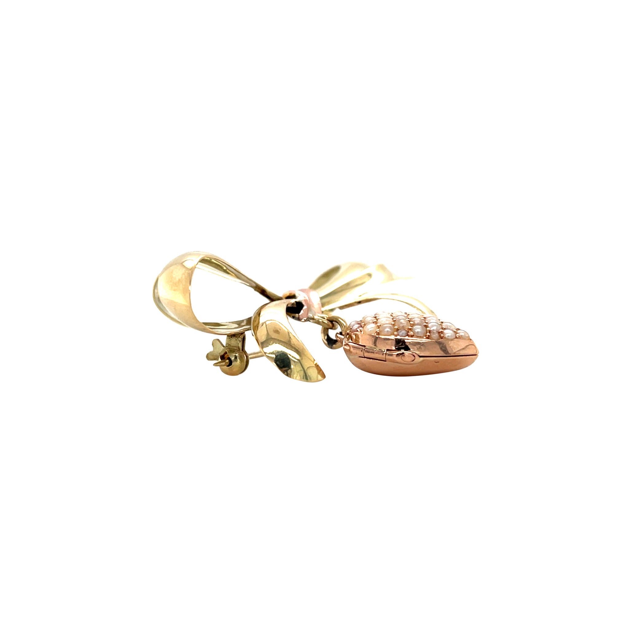 Gouden vintage strik broche met parels 14 krt