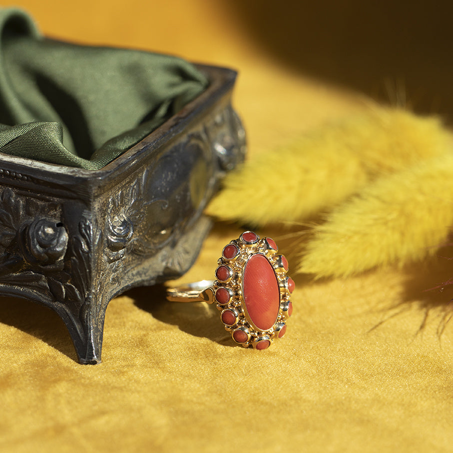 Gouden entourage ring met bloedkoraal 14 krt