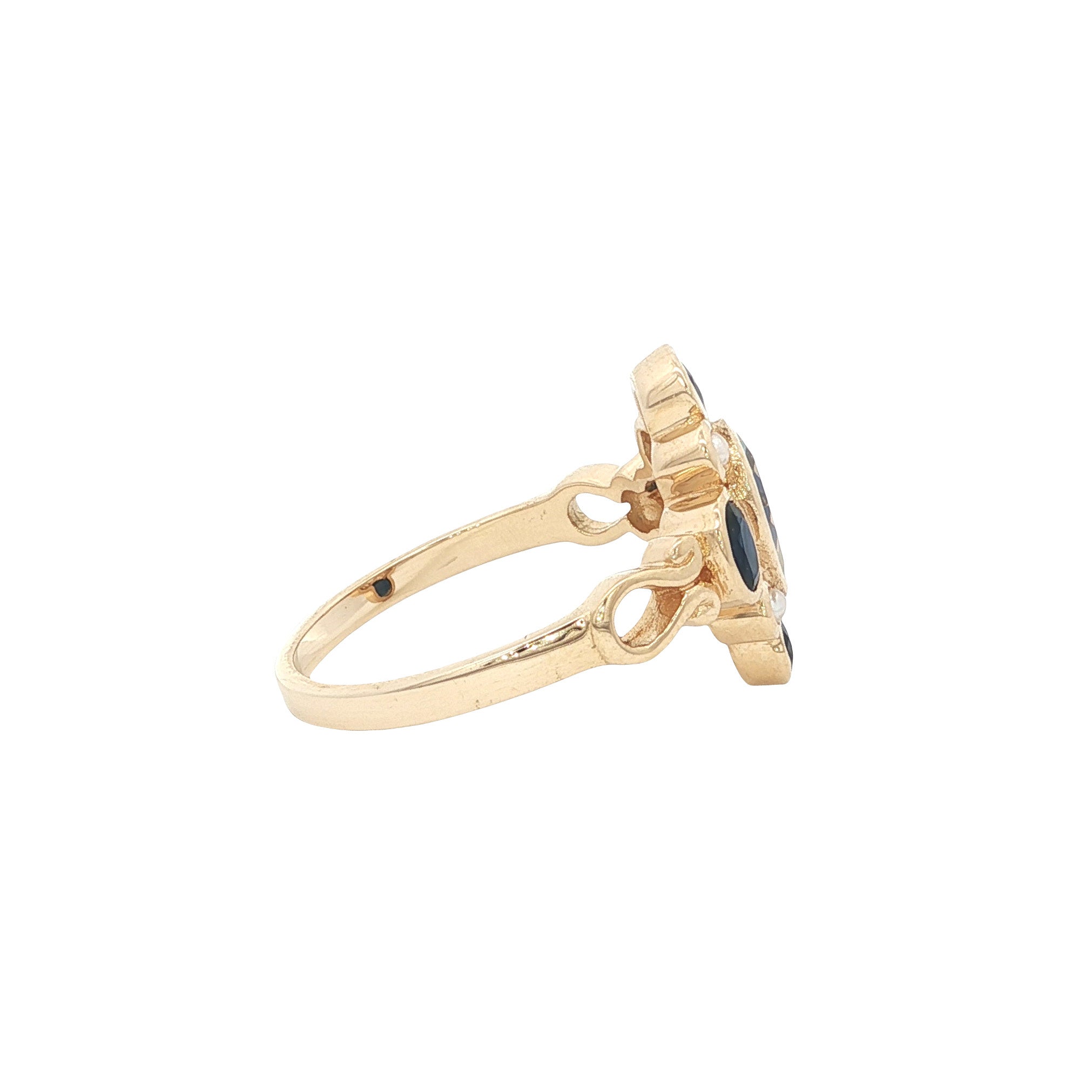 Gouden ring met topaas, saffier en parel 14 kt