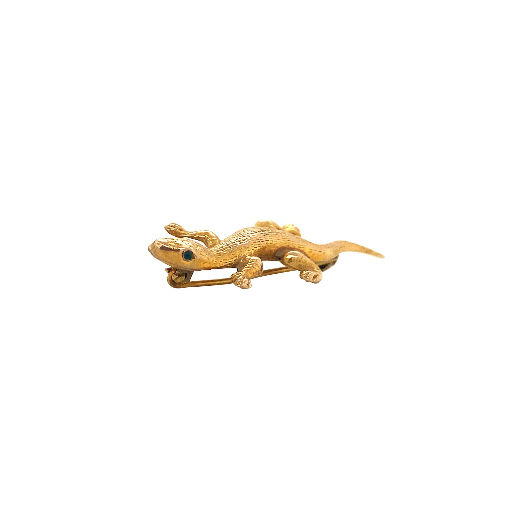 Gouden salamander broche met kleursteen 14 krt