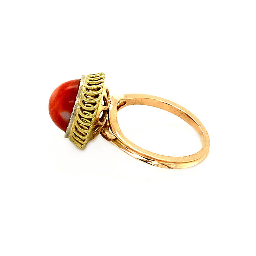 Tricolour gouden ring met bloedkoraal 14 krt