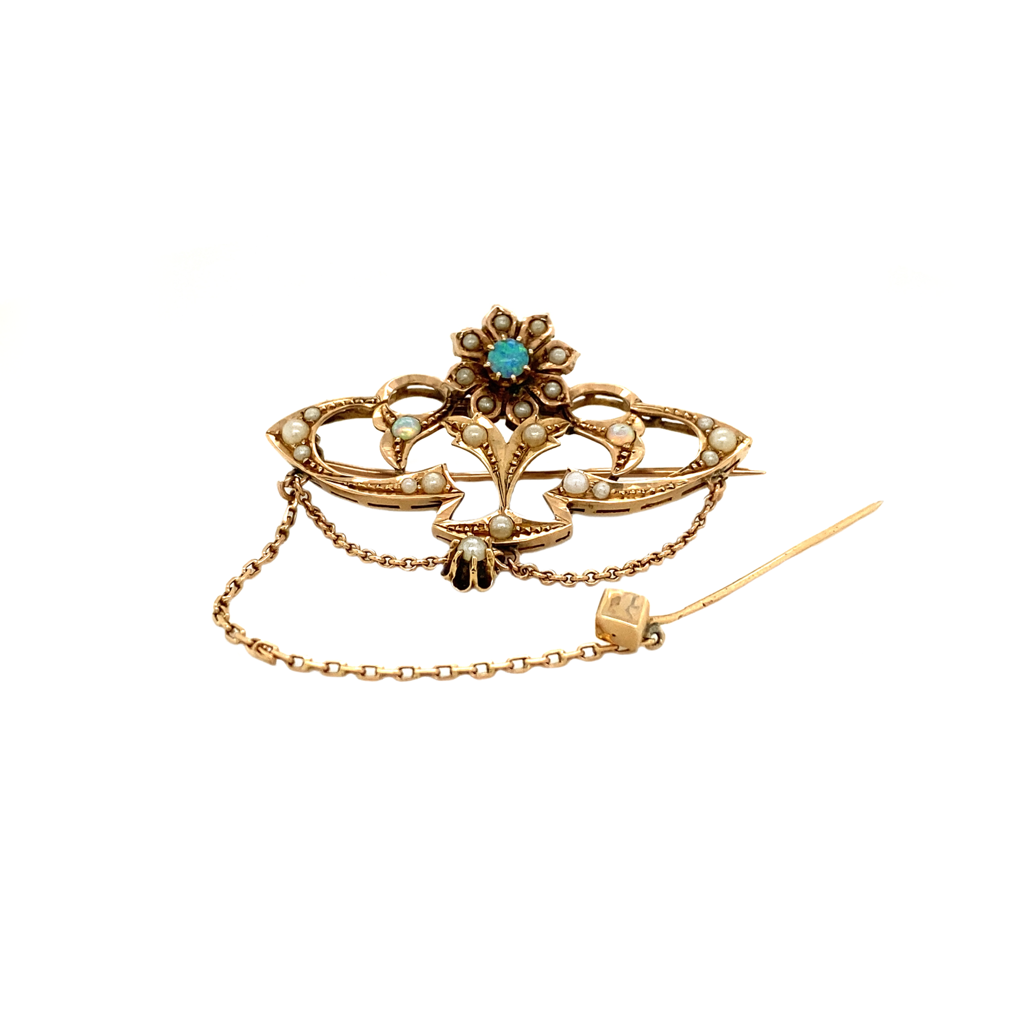 Rose gold brooch with pearl and opal 14 krt